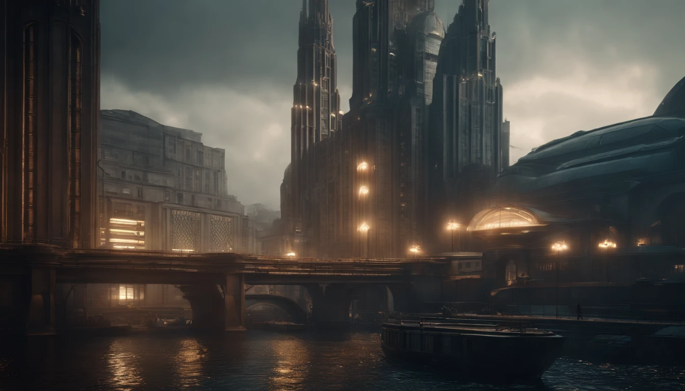 A dystopian futuristic Dieselpunk metropolis with lots of Art Deco architecture, atmosfera sombria, lighting dramatic, foco nítido, qualidade 8k, Foto RAW