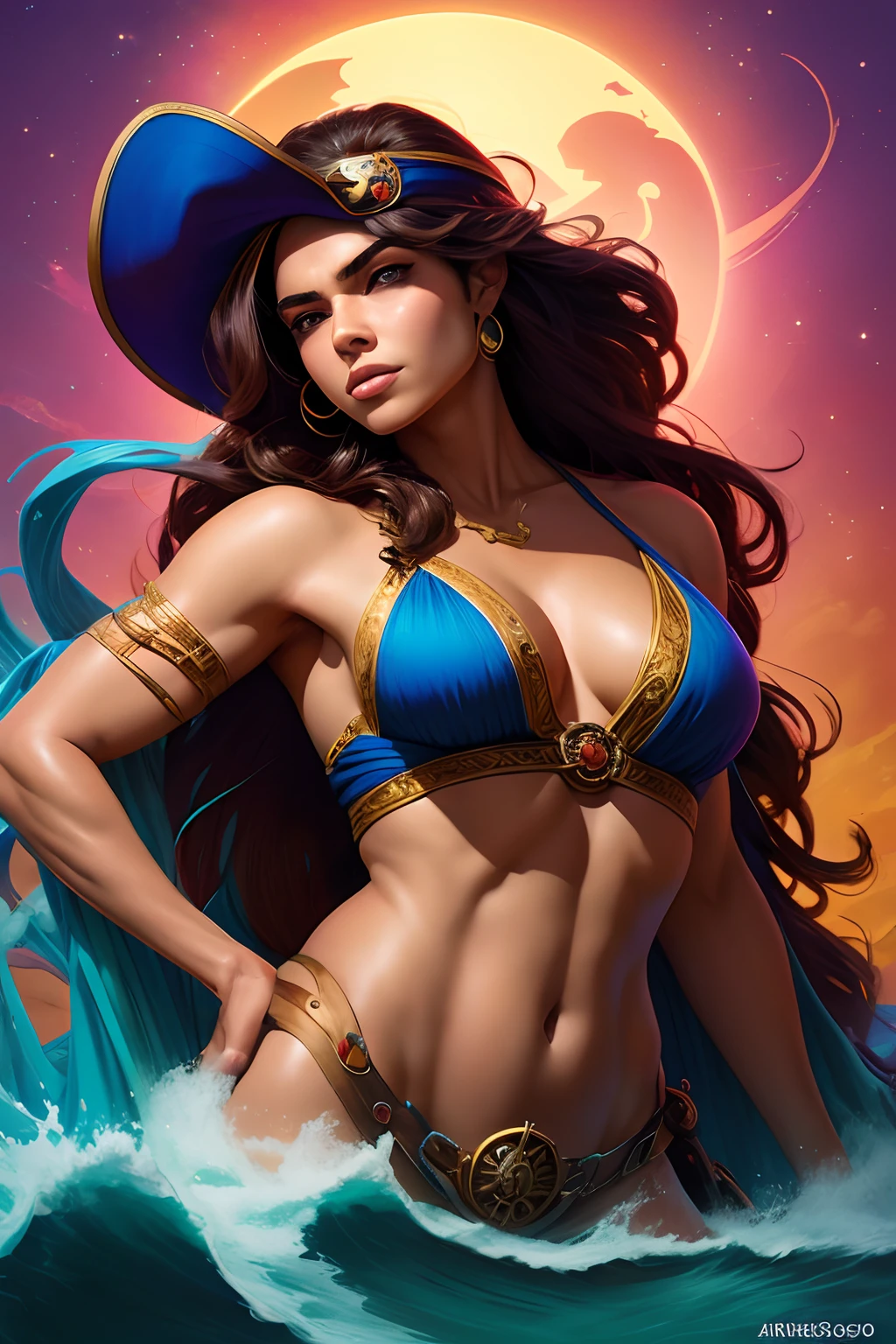 (sfw)Arte inspirada John Buscema,1girl, longo cabelo castanho, magro, olhando para o site, pirate captain, kalap, mar, em navio pirata, arma de fogo, obra-prima, detalhado, maduro, cores vivas, high saturated
