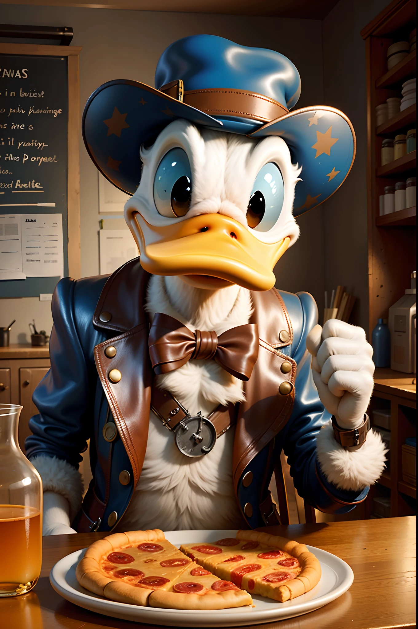 Spacetime AID d0nald steampunk, lab room, luvas brancas, eating a slice of pizza in your mouth