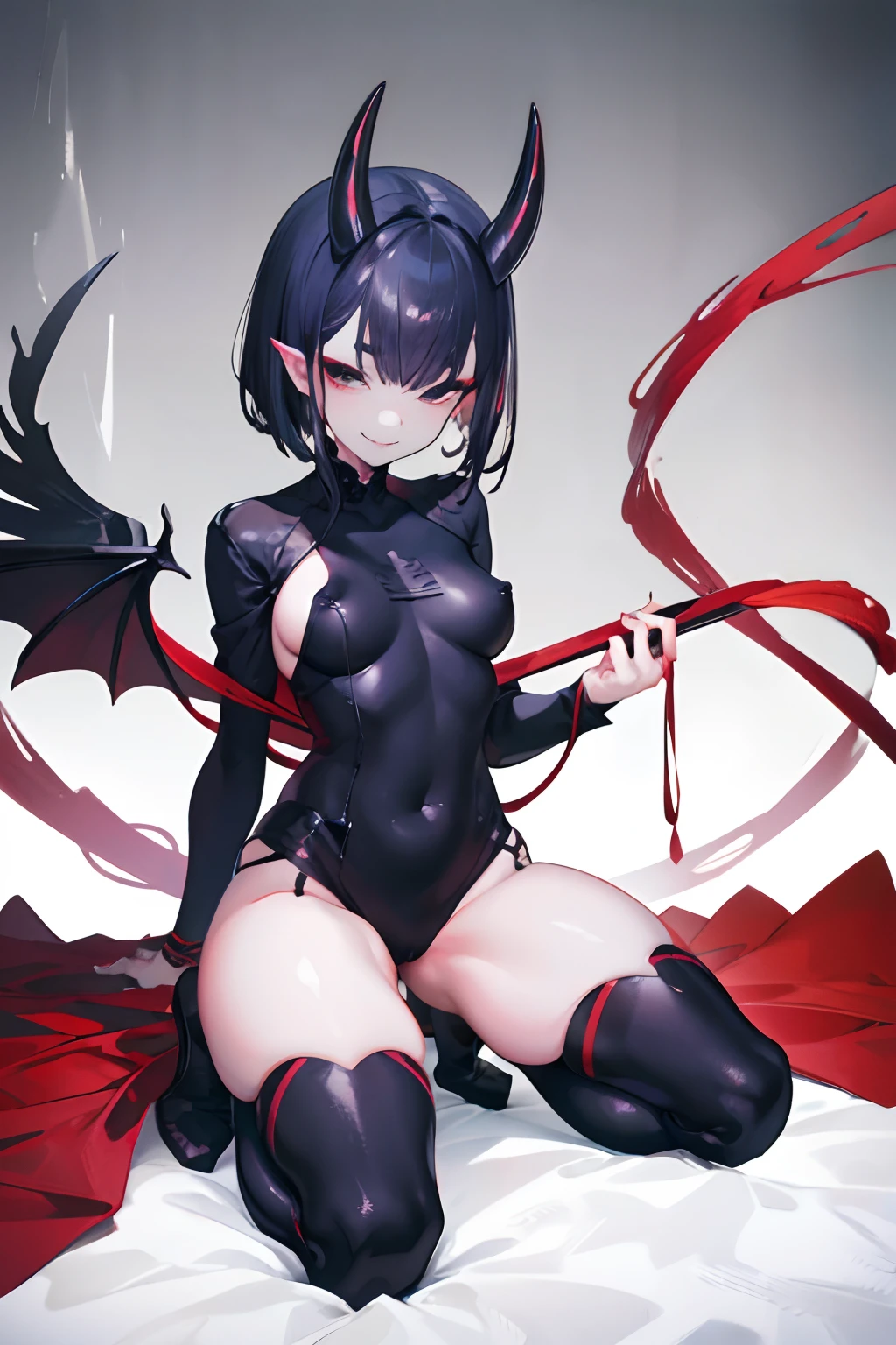 Black full body suit Red lines all over the body huge tit Big ass Whip thighs seductiv a smile succubus