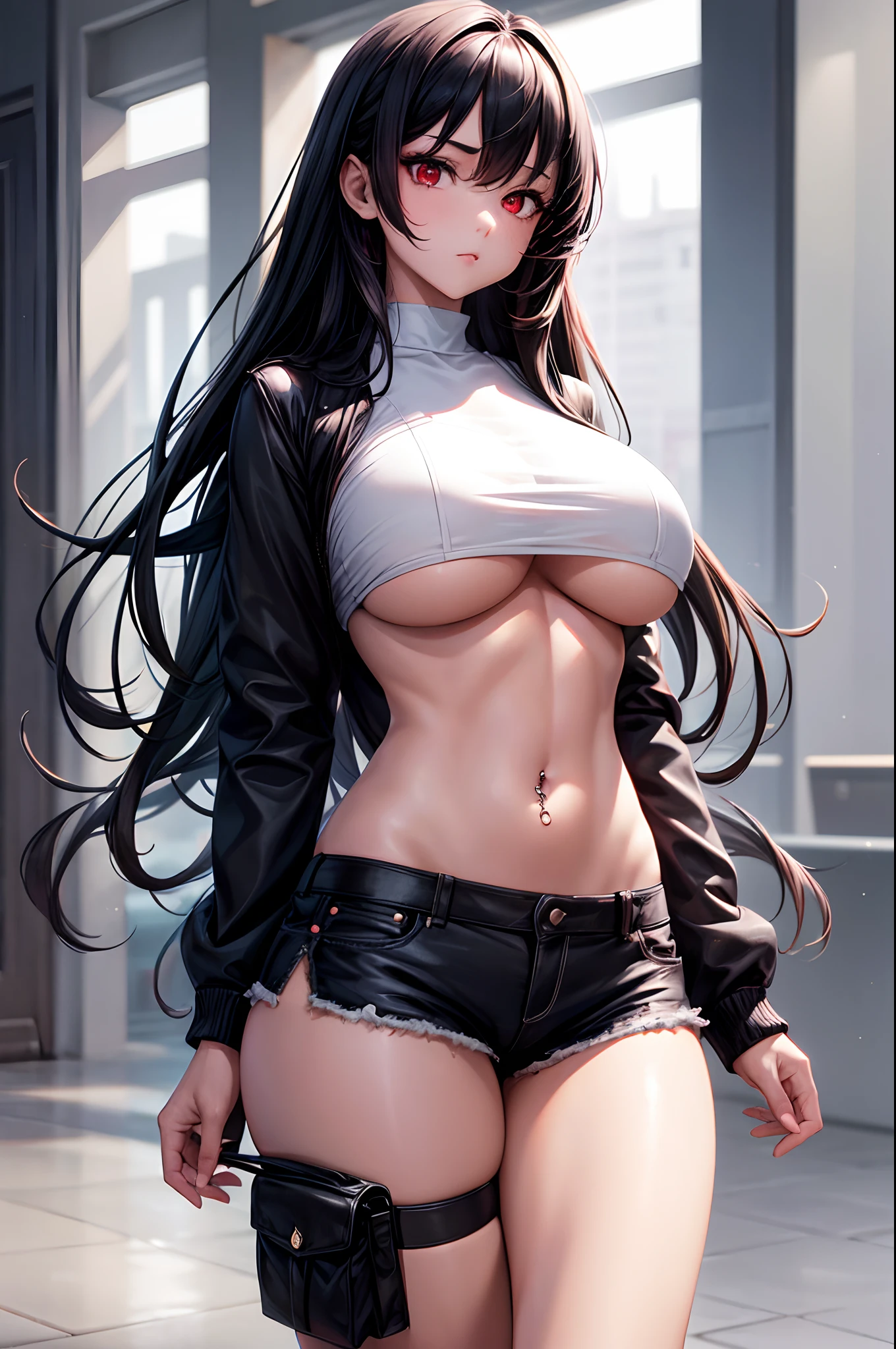 1girl, absurdres, high res, ultrasharp, 8K, masterpiece, anatomically correct, looking at viewer, human, thighs, breasts, huge breasts, crop top, shorts, black hair, long hair, red eyes, underboob, piercing