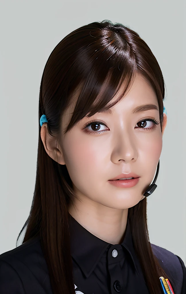 Highest image quality, outstanding details, ultra-high resolution, (realism: 1.4), ((full body:0.5)), the best illustration, favor details, highly condensed 1lady, with beautiful and a delicate face, (wearing racing suit likes police uniform, black and gray mecha, wearing high tech headset, military harness, holding a black transceiver), captain, background simple grey wall,
