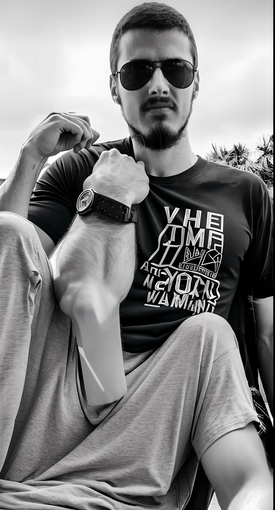 There's a man in a black T-shirt, completar vazio, preto e branco