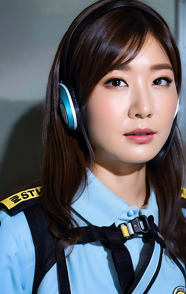 Highest image quality, outstanding details, ultra-high resolution, (realism: 1.4), ((full body:0.5)), the best illustration, favor details, highly condensed 1lady, with beautiful and a delicate face, (wearing racing suit likes police uniform, black and gray mecha, wearing high tech headset, military harness, holding a black transceiver), captain, background simple grey wall,