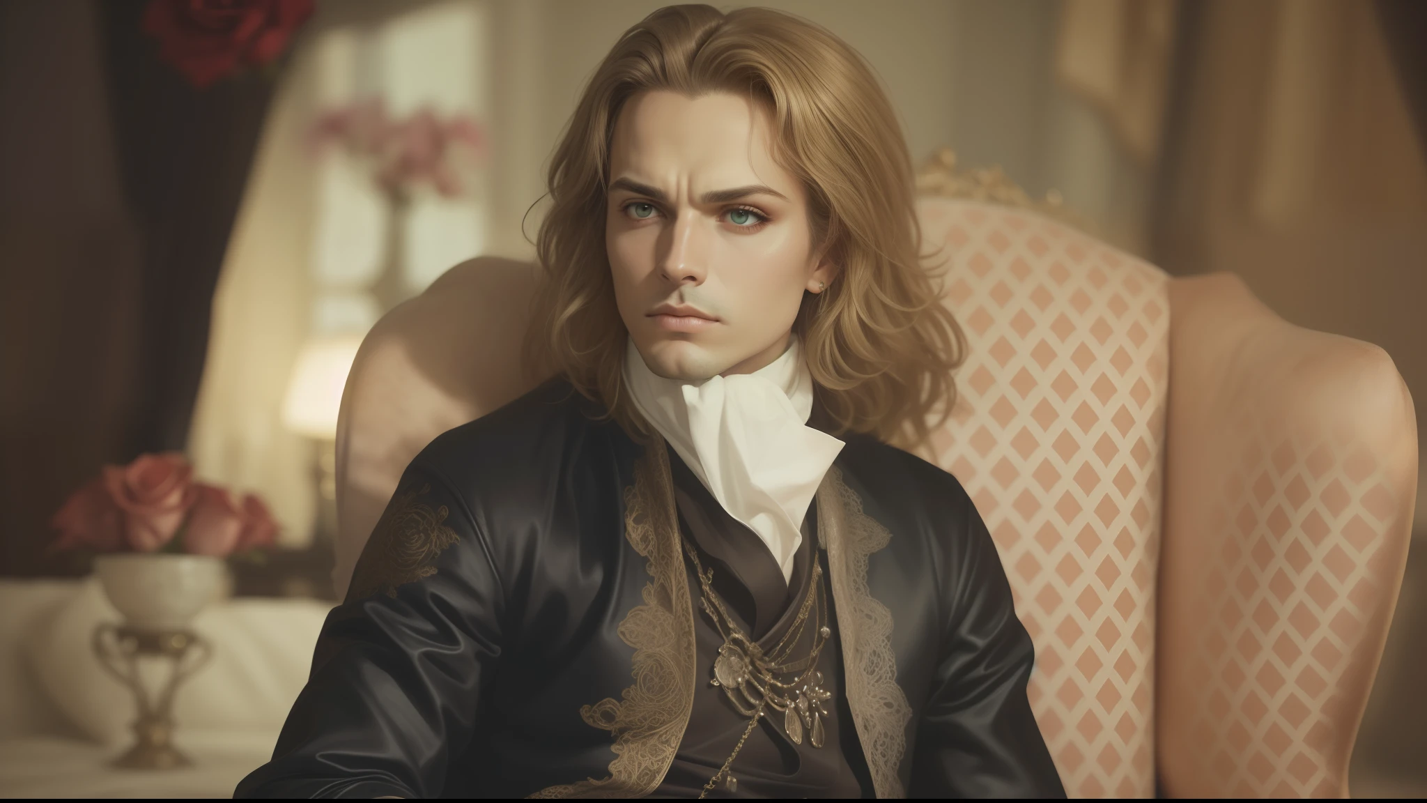 (close-up, fotografia editorial de Lestat de Lioncourt), master part, extremely high quality, (foco sozinho), (Rosto perfeito detalhado:1.1), (detalhes intrincados:1.1),Dramatic, Lestat, 1 cara, (pale skin), longos cabelos brancos, olhos verdes, ((sobrancelhas claras)), sozinho, cabelos longos,, Homem lindo em um terno de luxo branco, umbigo coberto, pouty lips, Roses, Antecedentes detalhados, ((Realistic)), ((best quality)), ((master part)), Arte de Artgerm e Greg Rutkowski, Cinematic lighting,((camera very close to the observer))
