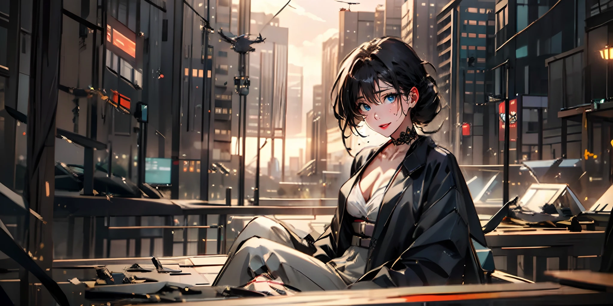 1girl, choker, blue_eyes, city, sitting, black_hair, looking_at_viewer, jacket, long_hair, solo, breasts, black_choker, smile, building, black_jacket, cityscape, collarbone, bangs, long_sleeves, cleavage, pants, medium_breasts, outdoors, aqua_eyes, skyscraper, open_clothes, crane_(machine)