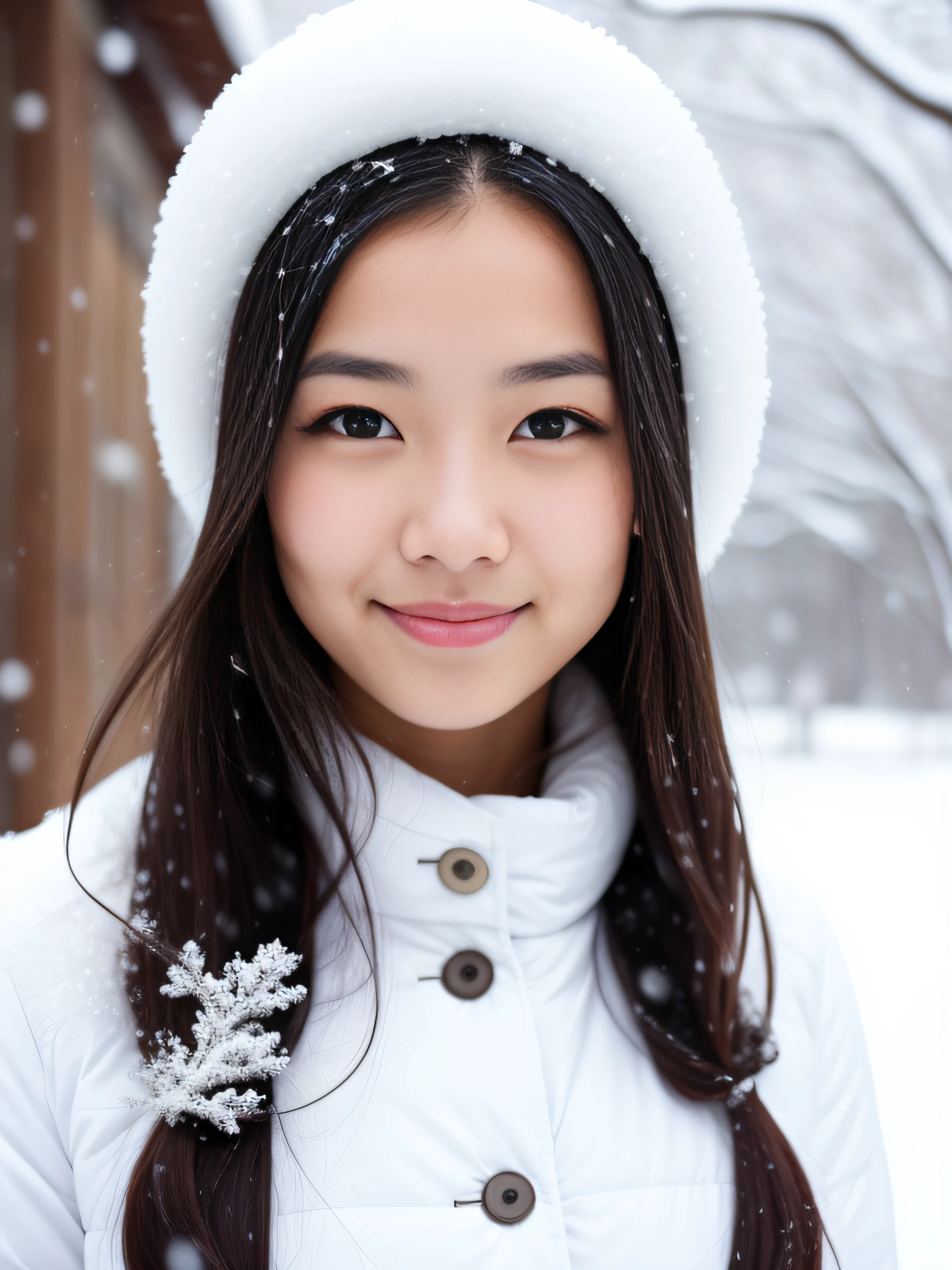 Beldel, photograph of a woman standing outside, winter, (snow:1.2), white shirt, (detailed face), soft smiling, detailed iris, detailed eyes, full body, film grain, natural skin texture,