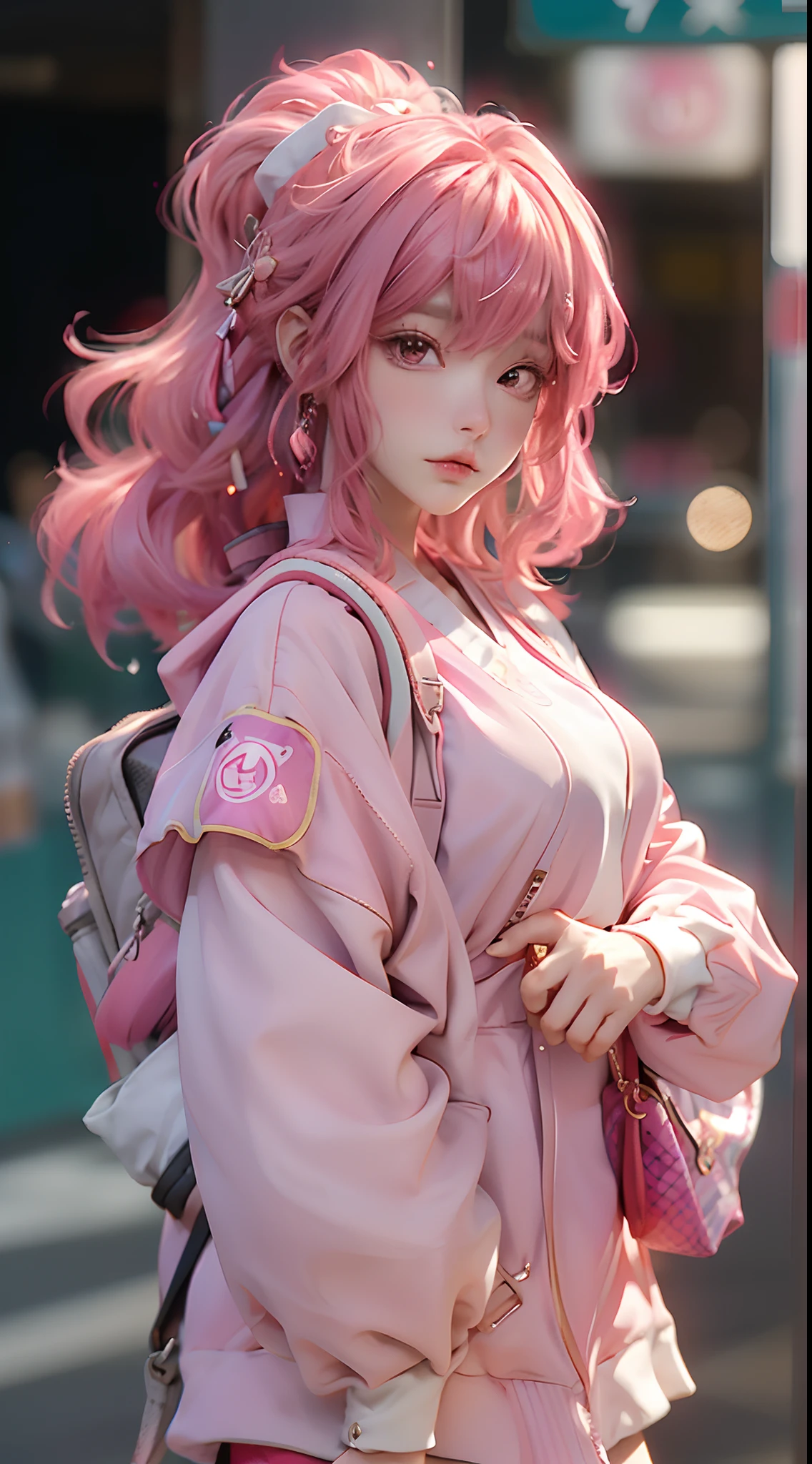 anime girl with pink hair sitting on a bench with a backpack, she is wearing streetwear, with pink hair, portrait of jossi of blackpink, ulzzang, ((pink)), jossi of blackpink, lalisa manoban of blackpink, wearing cyberpunk streetwear, japanese streetwear, with long hair, anime girl in real life, casual pose, pink girl
