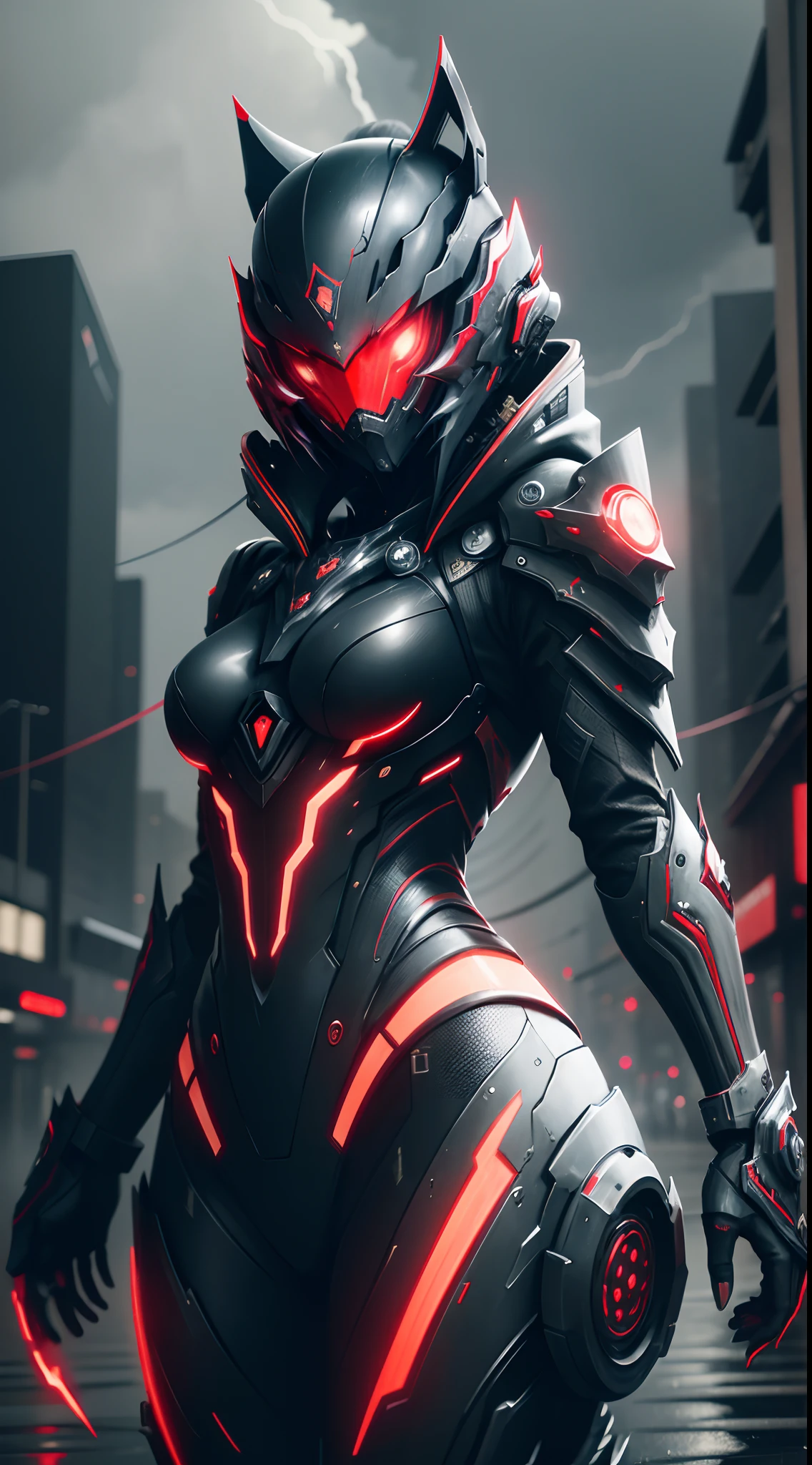 A futuristic cyber warrior in an aggressive stance, prepared for battle. The character is in a low position, with legs extended and firmly planted, while holding a black katana with a red aura that emits an intense and fiery glow. The warrior wears black, sturdy armor., with angular and sharp details, and multiple metallic cables or tentacles extending from its back. The helmet is dark and completely covers the face., showing only three bright red heartbeat-shaped lines running horizontally across the visor, adding an intimidating and technological air. The background is minimalist, with a greyish tone, and small red sparks or particles floating in the air, complementing the dark and dynamic atmosphere of the scene. The style of the image is dark and dystopian, with a focus on contrasts of light and shadow, highlighting the red details against the predominant black and grey.