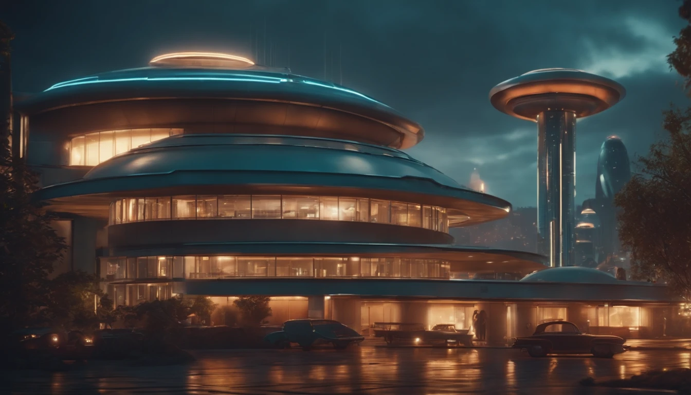 A futuristic Atompunk utopian metropolis with lots of Googie and Mid Century Modern architecture, soft-lighting, foco nítido, qualidade 8k, Foto RAW