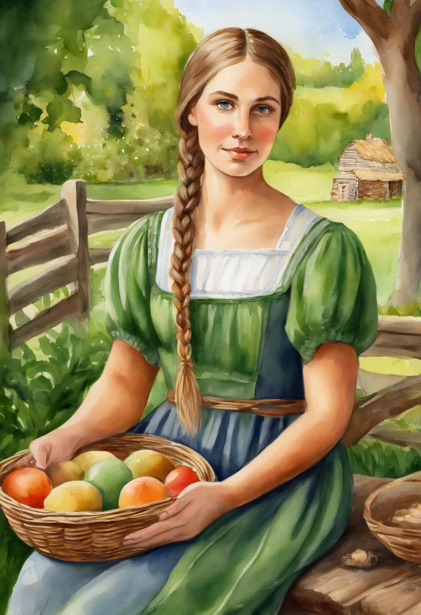 (((masterpiece))), (best quality), ultra-detailed, CG 8k illustration, (young peasant girl with braided hair, green eyes), peasant dress, farm interior, wooden bench, bowl, white ceramic cups, fresh bread, picnic basket, green trees in the distance, soft natural lighting.