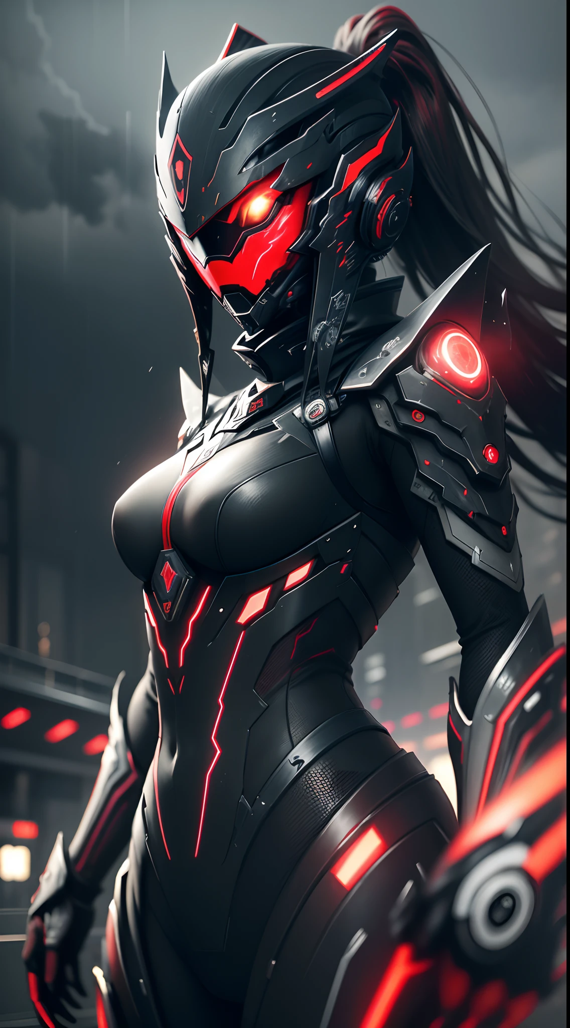 1 japanese girl, WARFRAME, intricate pattern, heavy metal, energy lines, faceless, glowing eyes, elegant, intense, blood red and black uniform, solo, modern, city, streets, dark clouds, thunderstorm, heavy rain,, dramatic lighting,, (masterpiece:1.2), best quality, high resolution, beautiful detailed, extremely detailed, perfect lighting,