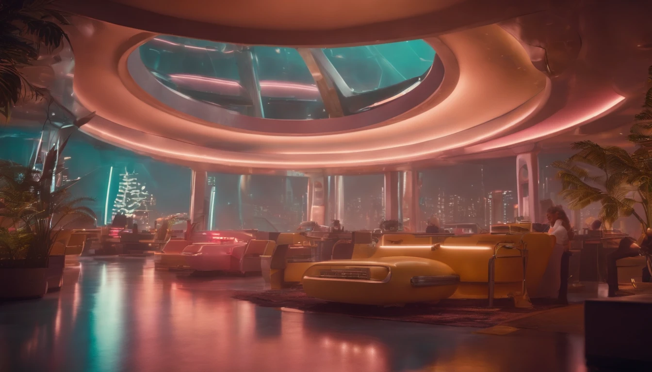 A futuristic Atompunk utopian metropolis with lots of Googie and Mid Century Modern architecture, pastels colors, soft-lighting, foco nítido, qualidade 8k, Foto RAW