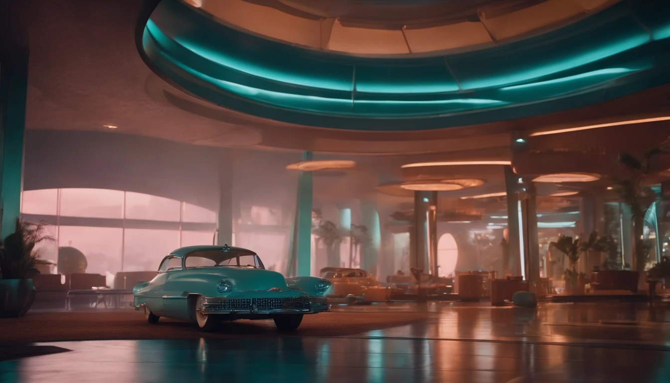 A futuristic Atompunk utopian metropolis with lots of Googie and Mid Century Modern architecture, pastels colors, soft-lighting, foco nítido, qualidade 8k, Foto RAW