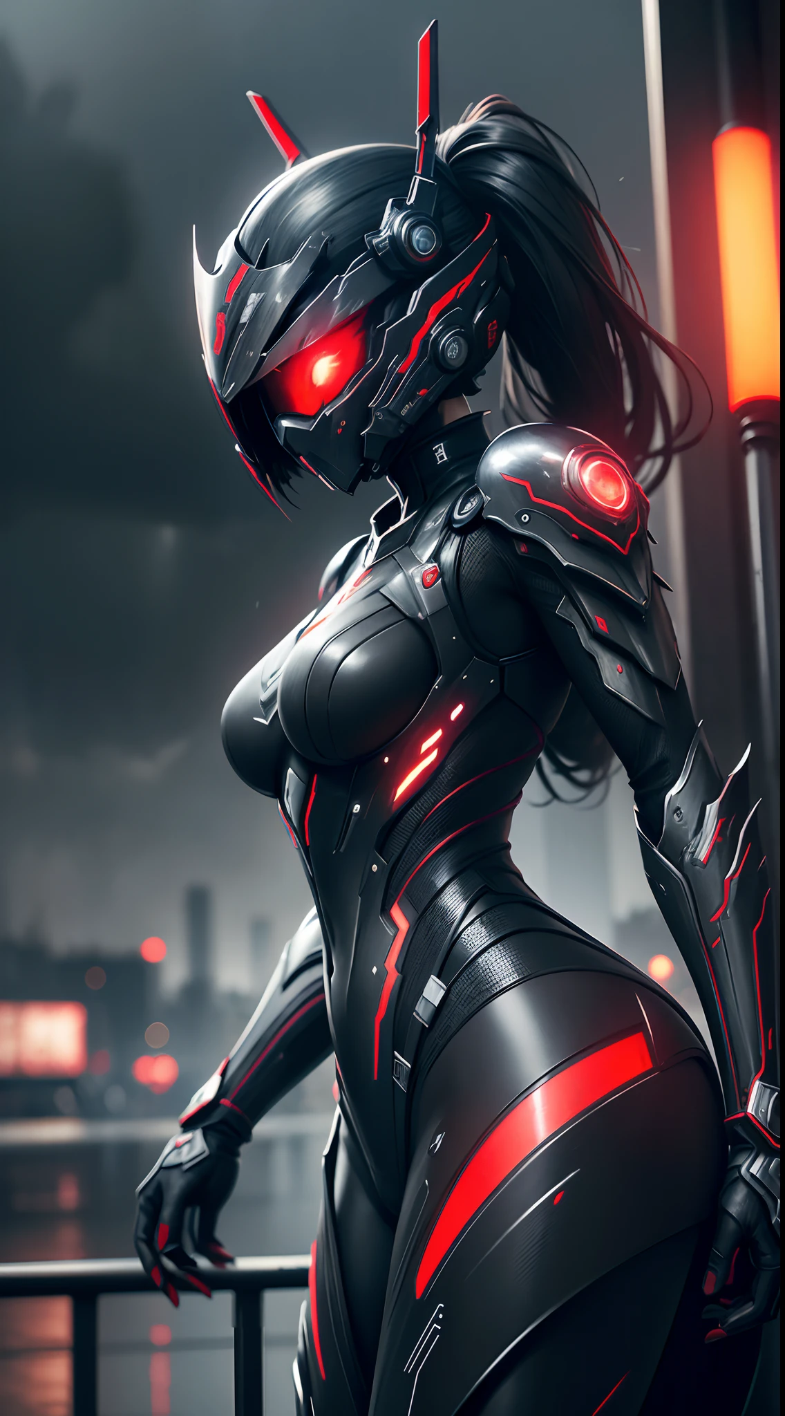 1 japanese girl, WARFRAME, intricate pattern, heavy metal, energy lines, faceless, glowing eyes, elegant, intense, blood red and black uniform, solo, modern, city, streets, dark clouds, thunderstorm, heavy rain,, dramatic lighting,, (masterpiece:1.2), best quality, high resolution, beautiful detailed, extremely detailed, perfect lighting,