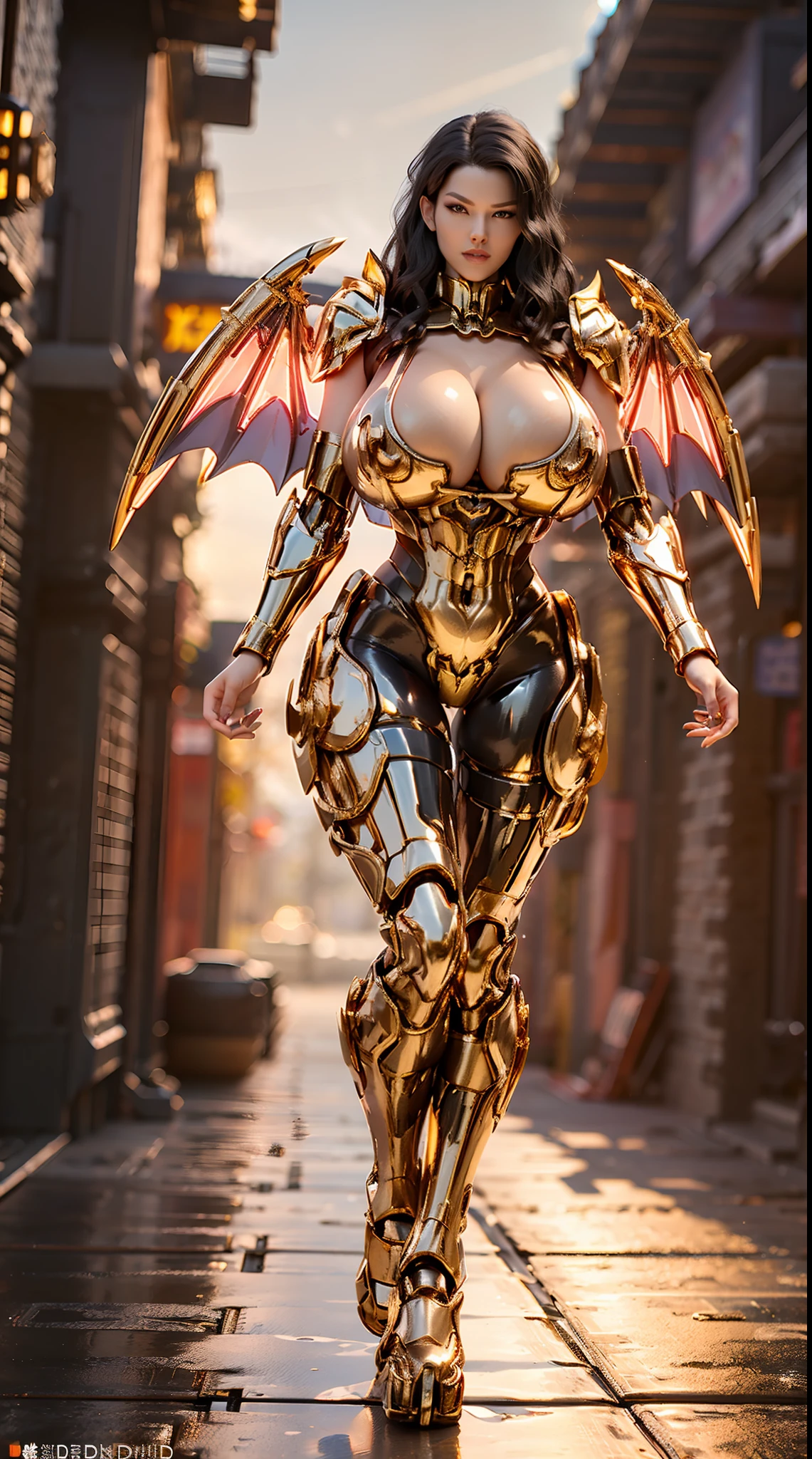 (3D REALISTIC), HUGE FAKE BOOBS, (BEAUTIFUL), (GOLD, BLACK), (SHINY BLACK HAIR), DRAGON SCALE ARMORED GEAR, FUTURISTIC DRAGON MECHA SUIT, (CLEAVAGE), ((LARGEST MECHA DRAGON 2 WINGS)), (SKINTIGHT YOGA PANTS), (TALL LEGS), FRONT, (STANDING), SLENDER SEXY BODY, MUSCLE ABS, UHD, 8K, 1080P.