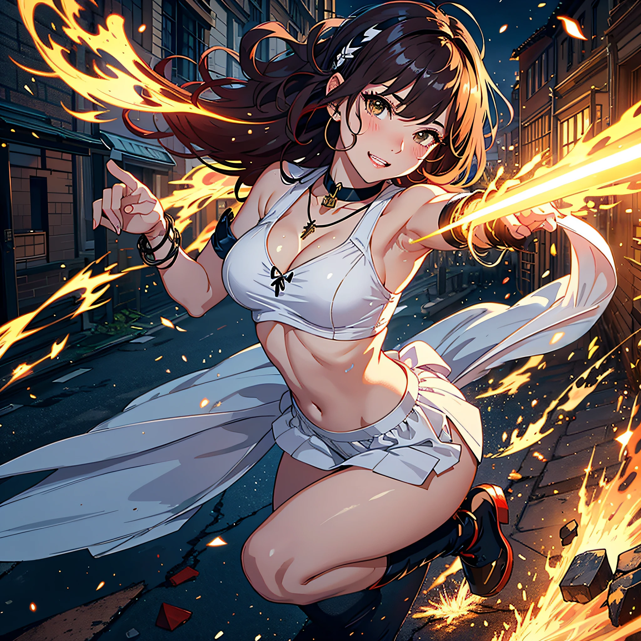 (top-quality、hight resolution、8k、masterpiece:1.2)。Curvaceous but slender、Muchimuchi Body、Grinning Female Wizard、Vandalizing buildings in a battered ancient city。Featuring double teeth, she wields magical powers.。With magic emitted from the right hand、Buildings and roads、Bolides、Next Bridge々and have collapsed、Scattered with burning debris。Rubble and pebbles float up、A yellow aura covers her entire body。Although its power is overwhelming、At the same time it is in harmony with beauty。Draw the moment she is destroying the building with magic。Half-taken off hoodie、accessorized、mole、Eyebrows、poneyTail、Muscular nose、Clear detailed green eyes、Red-haired、red blush、short-haired、a choker、Fleshy lips、Physical beauty、well-muscled、Raise bangs in a headband、Oforehead、Mysterious fashion、Street Fashion、Anime style、animesque、The scene of the great fire、Oversized trousers、unreal、Depiction in motion、White the、Fashion in white tones、Vandalism、insurrection、karo、Decaying buildings、the fire、Fire incident、tornado、Hair covers one eye、Must-win poses、Backgrounds with depth、Wear a Japan sword on your back、Wear a Japan sword at the side waist、Flame Magic、Wizard Equipment、Light equipment、a necklace、Bracelets、Misanga、arm band、Tattoo on the shoulder、espadrilles、thunder、Roaring thunder、lightning bolt、tornado、colorful backdrop、Thunder in the hand、Light and Wall Co-star、Feathers that perform magic attacks behind