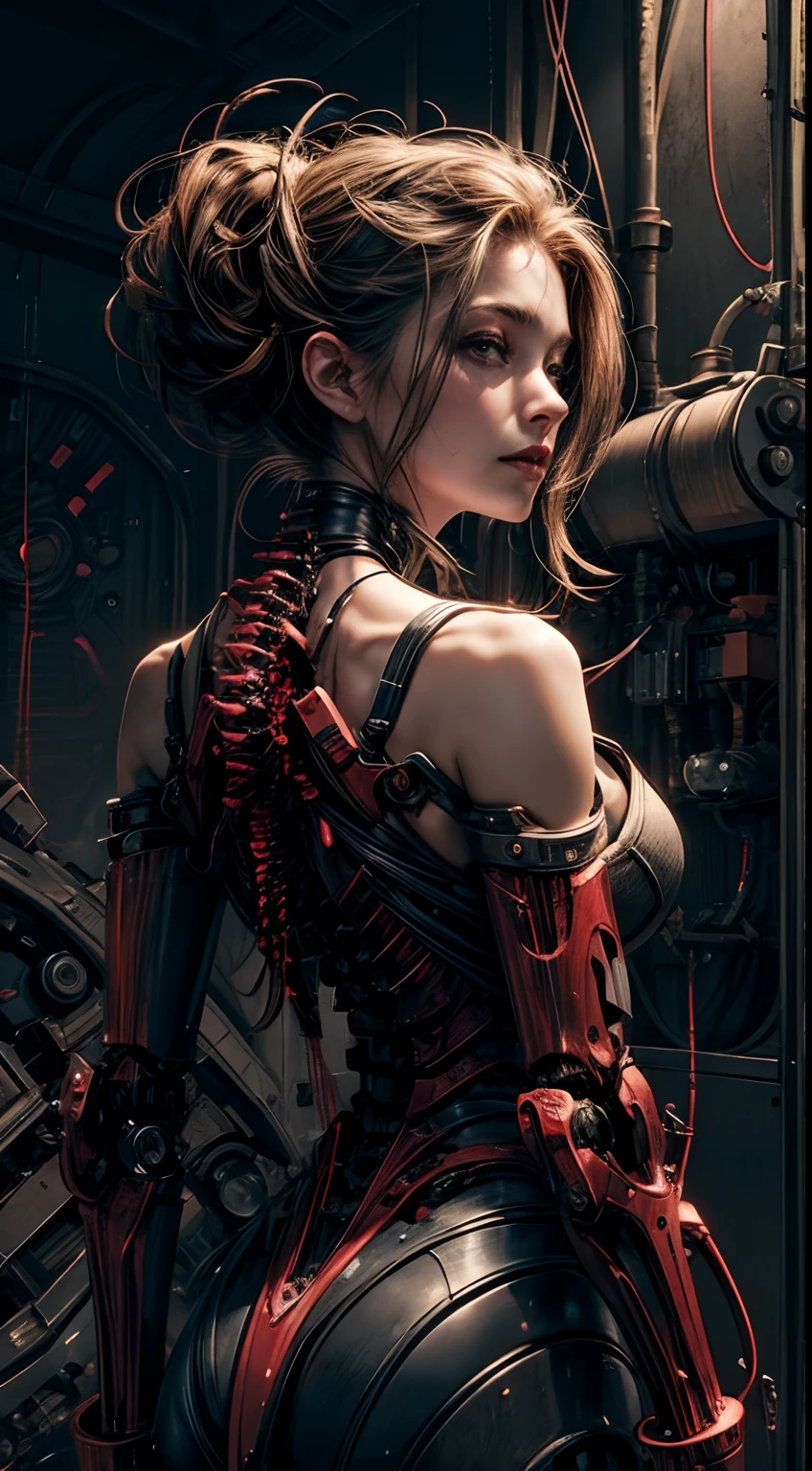 (((Masterpiece))), ((Best Quality)), (Super Detail), (CG Illustration), (Very Evil and Beautiful)), Cinematic Light, ((1 Mechanical Girl)), Single, (Mechanical Art: 1.4), ((Mechanical limb)), (Blood vessel attached to a tube), ((Mechanical spine attached to the back)), ((Mechanical cervical vertebrae attached to the neck), (Back to the viewer)), expressionless, ( Wires and cables attached to the head and body: 1.5), Science Fiction, Apocalypse, Ruins, (Lower Body Integrated with Mechanical Devices), (Blood: 1.5), Cruelty, Absurdity, Eroticism, Fusion with Machines, Doomsday Time, Super Future, Inorganic, Laboratory, Restraint, (Beautiful Indulgence: 1.2), (1 Girl: 1.3), Body Wrapped Around Mechanical Tentacles