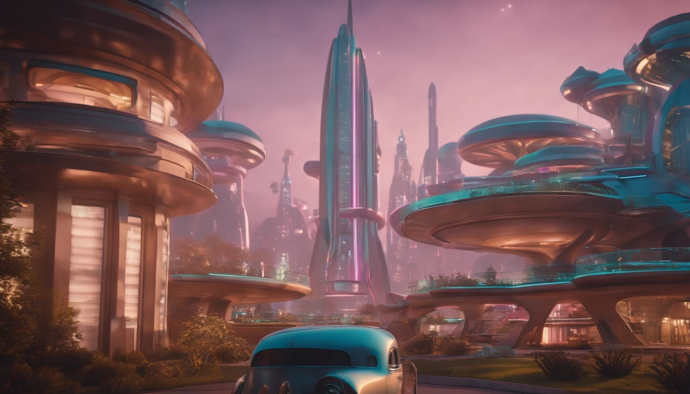 A futuristic Atompunk utopian metropolis with lots of Googie and Mid Century Modern architecture, pastels colors, soft-lighting, foco nítido, qualidade 8k, Foto RAW