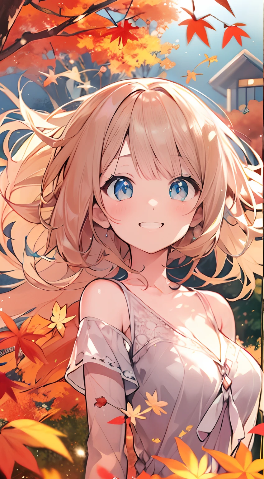 masutepiece, Best Quality,Illustration, Wallpaper, ultra -detail, Absurd beauty, 1beautiful girl、Bright hair color、Glitter and big eyes、Hair fluttering in the wind、ample breasts、♡、Smaller head、Autumn landscape、miscievous smile