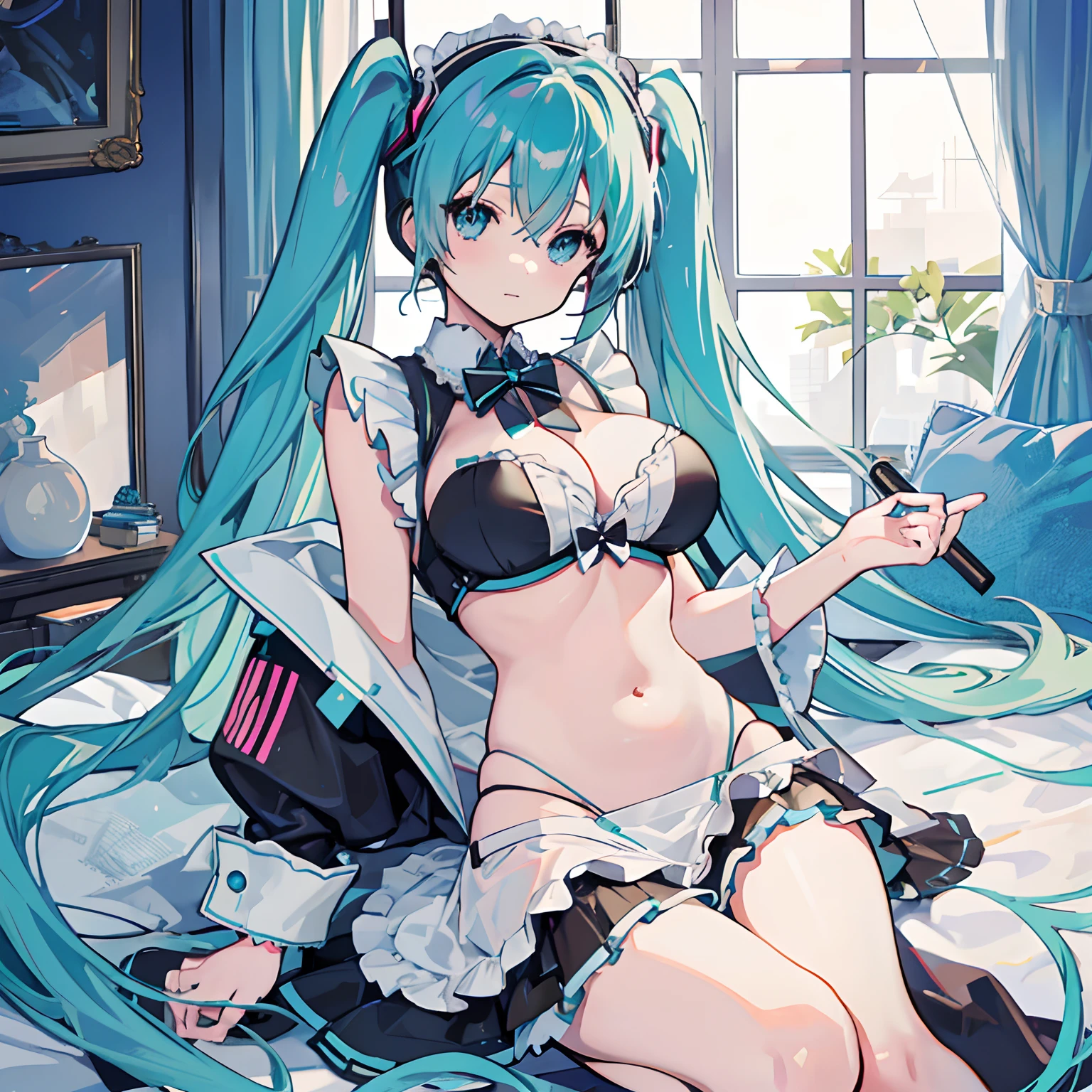 Big breasts Hatsune Miku，Bigchest，the maid outfit，revealing her belly，Bare legged