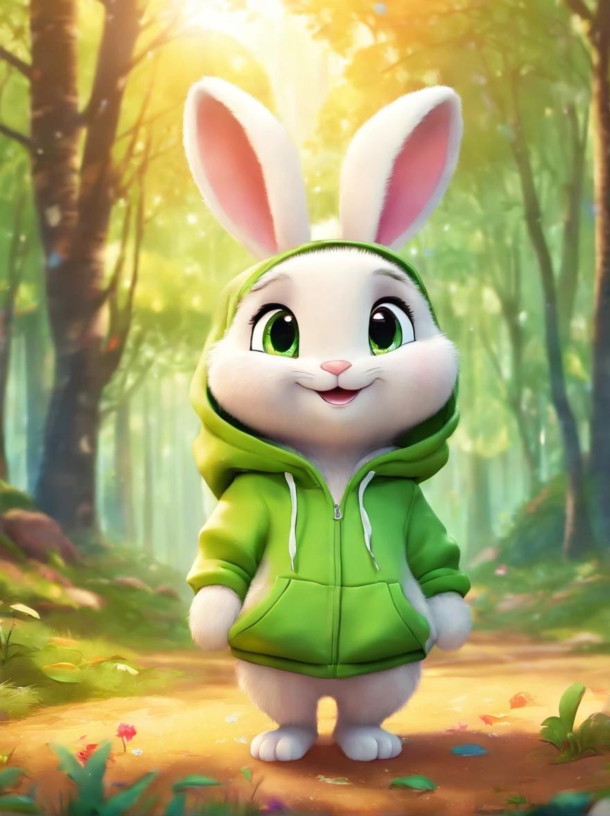 cute bunny with fluffy fur wearing a green hoodie, in the forest, grinning from ear to ear, disney and pixar style drawing, adorable digital painting, cartoon character, 3d render, bright lighting, vivid colors,