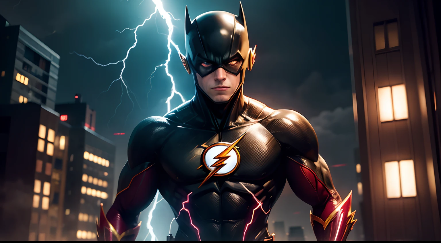 create the city of Gotham City, in the background the figure of the flash, with his uniform well lit with lightning in the background