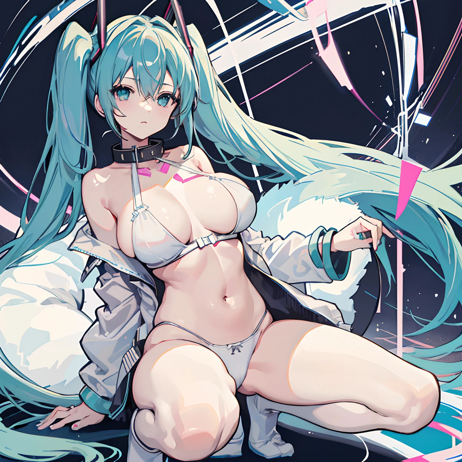 Big breasts Hatsune Miku,Bigchest,white under lingerie,white panties,revealing her belly,Bare legged,Wear a collar,opening legs,Squat