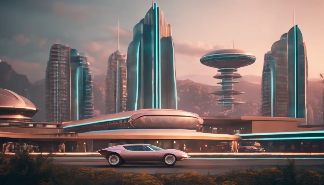 A futuristic Atompunk utopian metropolis with lots of Googie and Mid Century Modern architecture, pastels colors, soft-lighting, foco nítido, qualidade 8k, Foto RAW