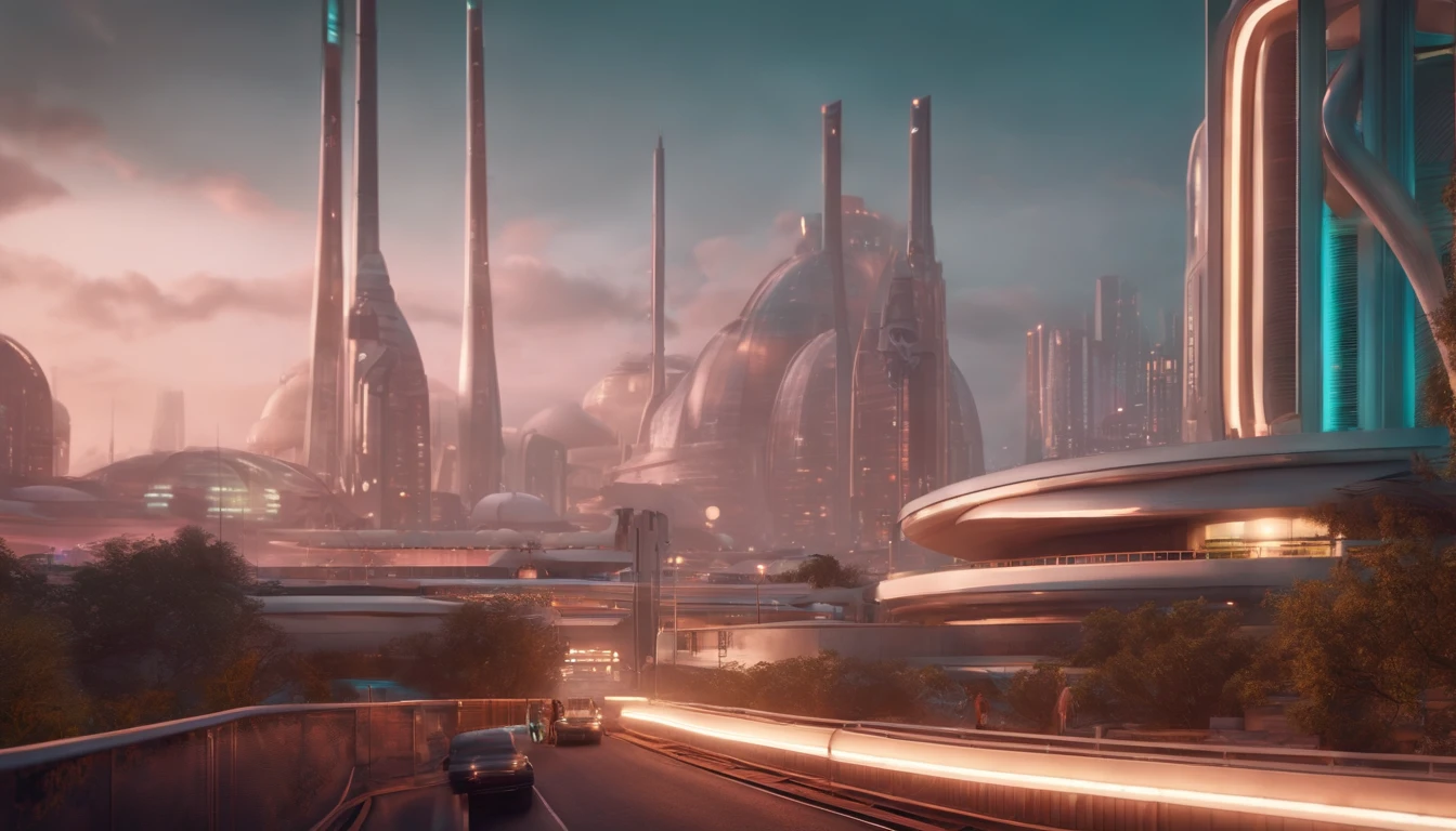 A futuristic Atompunk utopian metropolis with lots of Googie and Mid Century Modern architecture, pastels colors, soft-lighting, foco nítido, qualidade 8k, Foto RAW