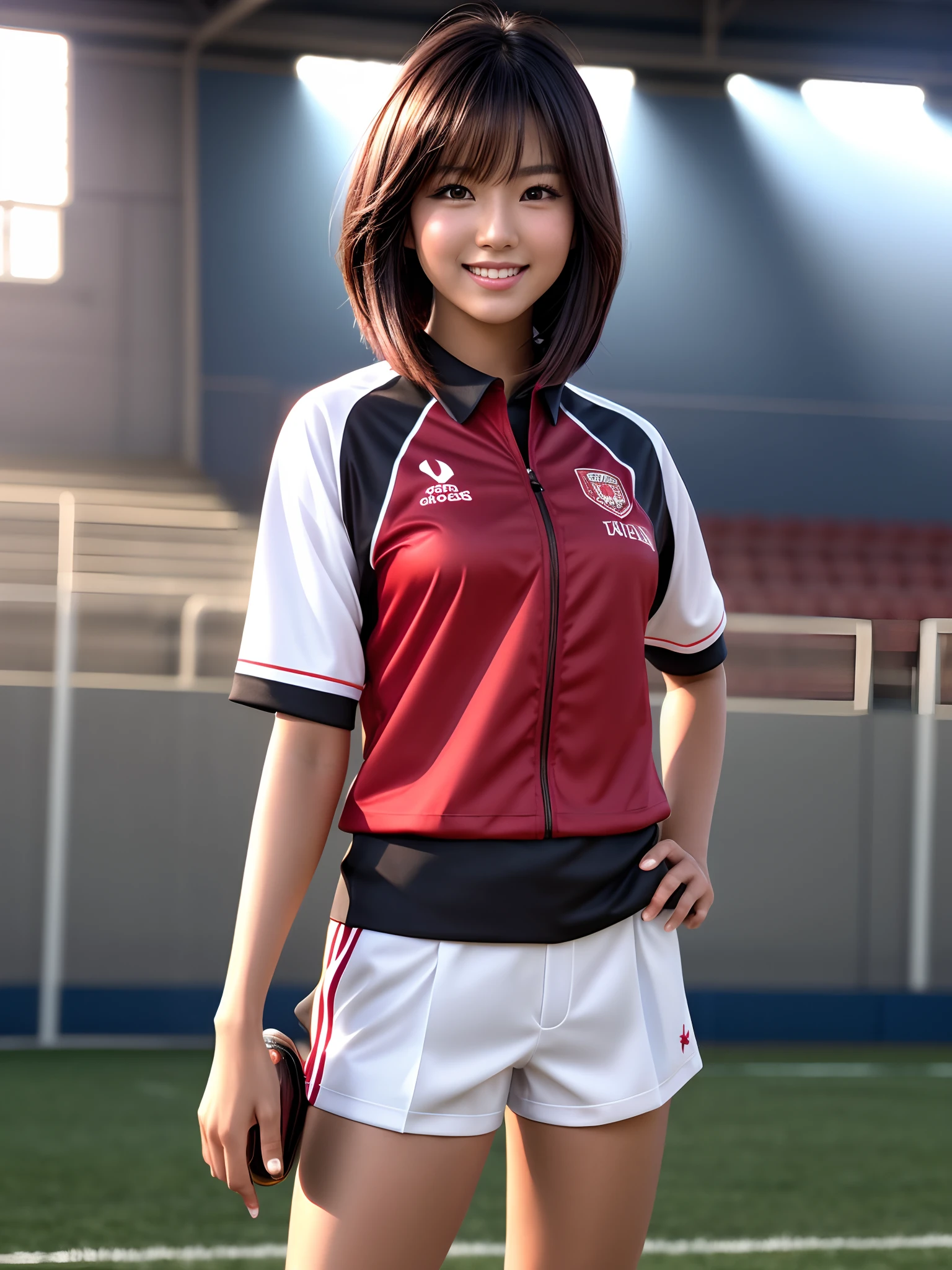 product quality, cowboy shot, front view, Japanese young pretty girl, bob hair, a big smile, glamorous figure, wearing a red PE uniform, standing among many other students on a sport ground of a high school, super cute face, glossy lips, double eyelids for both eyes, natural makeup, long eyelashes, shiny smooth light brown bob hair, asymmetrical bangs, tanned skin, center image, high resolution, detailed hairstyle, detailed face, spectacular movie lighting, octane rendering, hyper realistic, perfect limbs, perfect anatomy