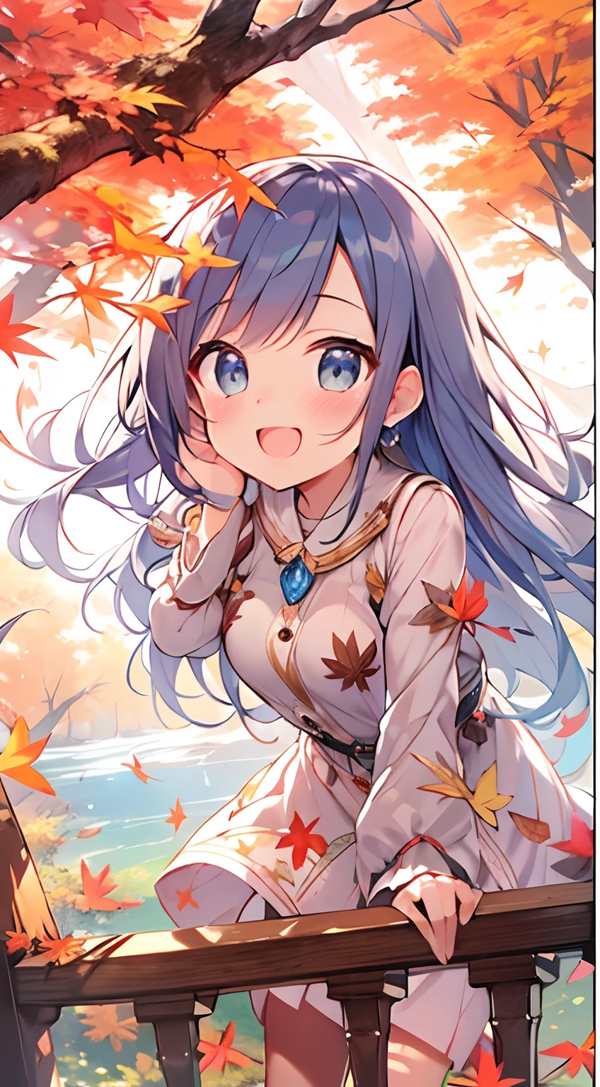 masutepiece, Best Quality,Illustration, Wallpaper, ultra -detail, Absurd beauty, 1beautiful girl、Bright hair color、Glitter and big eyes、Hair fluttering in the wind、ample breasts、♡、Smaller head、Autumn landscape、miscievous smile