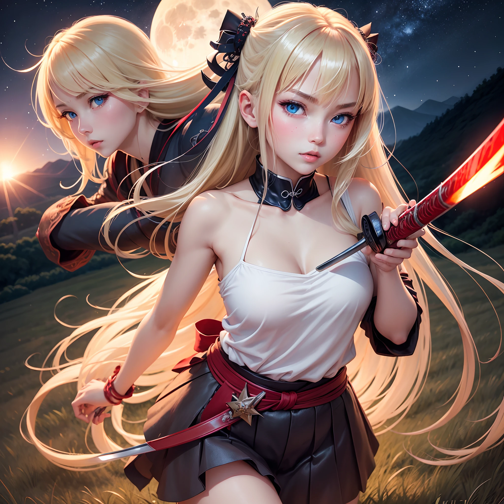 top-quality、One pretty girl、Clear blue eyes、Crystal clear skin、blondehair、poneyTail、Very attractive figure、having katana、Shooting Star、large grassland、Big Full Moon、wide angles、Pale oozing red color、Colorful light reflection、ukiyoe painting