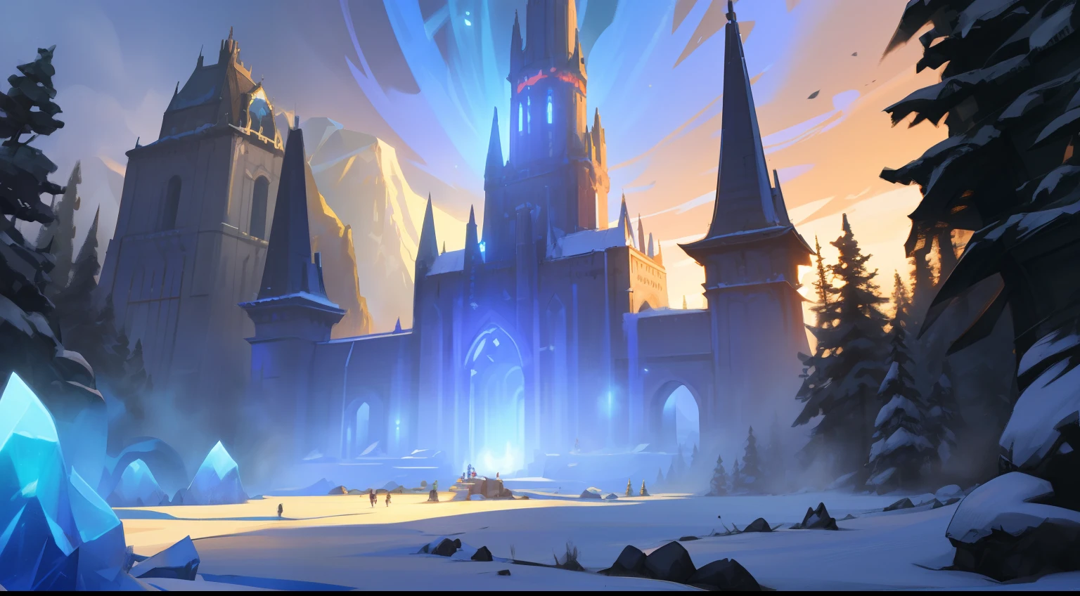 super fine photo, landscape picture, Unreal Engine 5 8K UHD, ultra high resolution, fantasy background, Genshin Impact game art style, colossal flying tower with blue shining crystal on top, mountain and forest landscape under the tower, dark environment, best quality, masterpiece, 8K UHD wallpaper, super detailed.