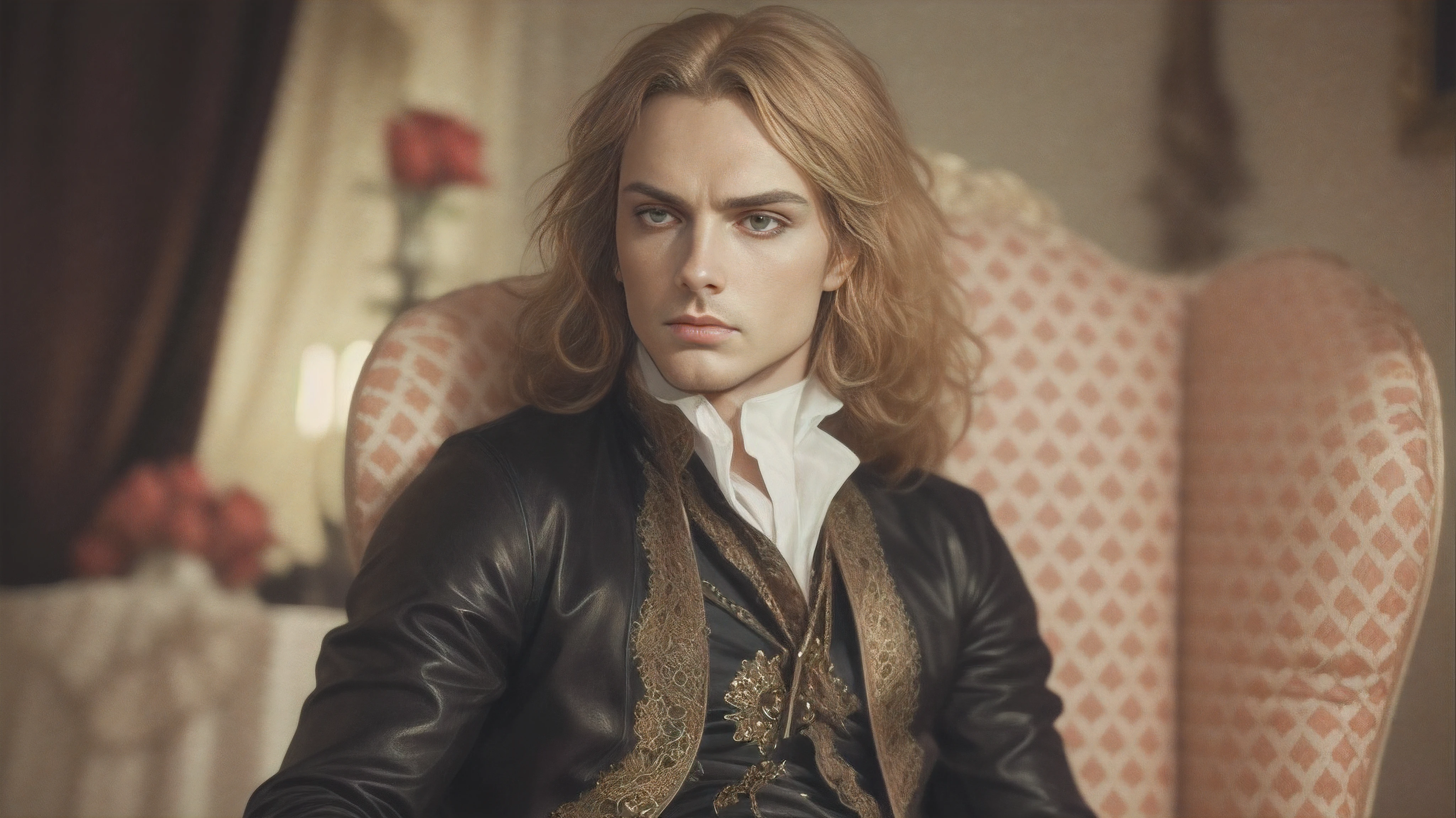 (close-up, fotografia editorial de Lestat de Lioncourt), master part, extremely high quality, (foco sozinho), (Rosto perfeito detalhado:1.1), (detalhes intrincados:1.1),Dramatic, Lestat, 1 cara, (pale skin), longos cabelos brancos, olhos verdes, ((sobrancelhas claras)), sozinho, cabelos longos,, Homem lindo em um terno de luxo branco, umbigo coberto, pouty lips, Roses, Antecedentes detalhados, ((Realistic)), ((best quality)), ((master part)), Arte de Artgerm e Greg Rutkowski, Cinematic lighting,((camera very close to the observer))
