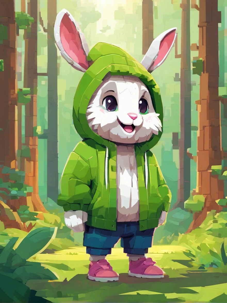 cute bunny with fluffy fur wearing a green hoodie, in the forest, grinning from ear to ear, disney and pixar style drawing, adorable digital painting, cartoon character, 3d render, bright lighting, vivid colors,