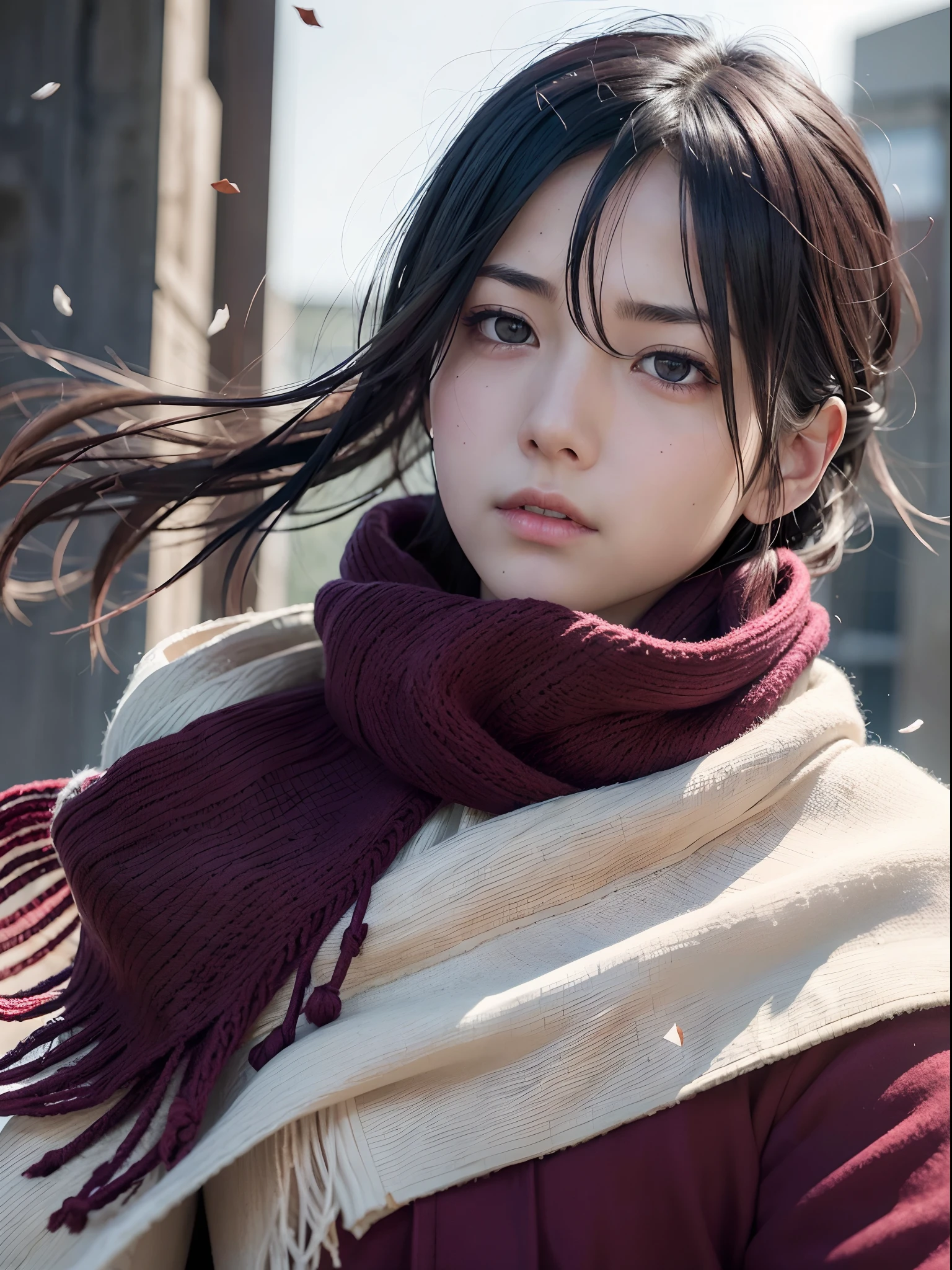 (best quality,realistic),Mikasa Ackerman with a sad expression,single tear running down her cheek,detailed eyes and face,dark hair flowing in the wind, A maroon scarf around his neck, emotional and intense atmosphere,fallen leaves scattered on the ground,dramatic lighting,portrait style,powerful and determined look,subtle color tones,high contrast,expressive brushstrokes