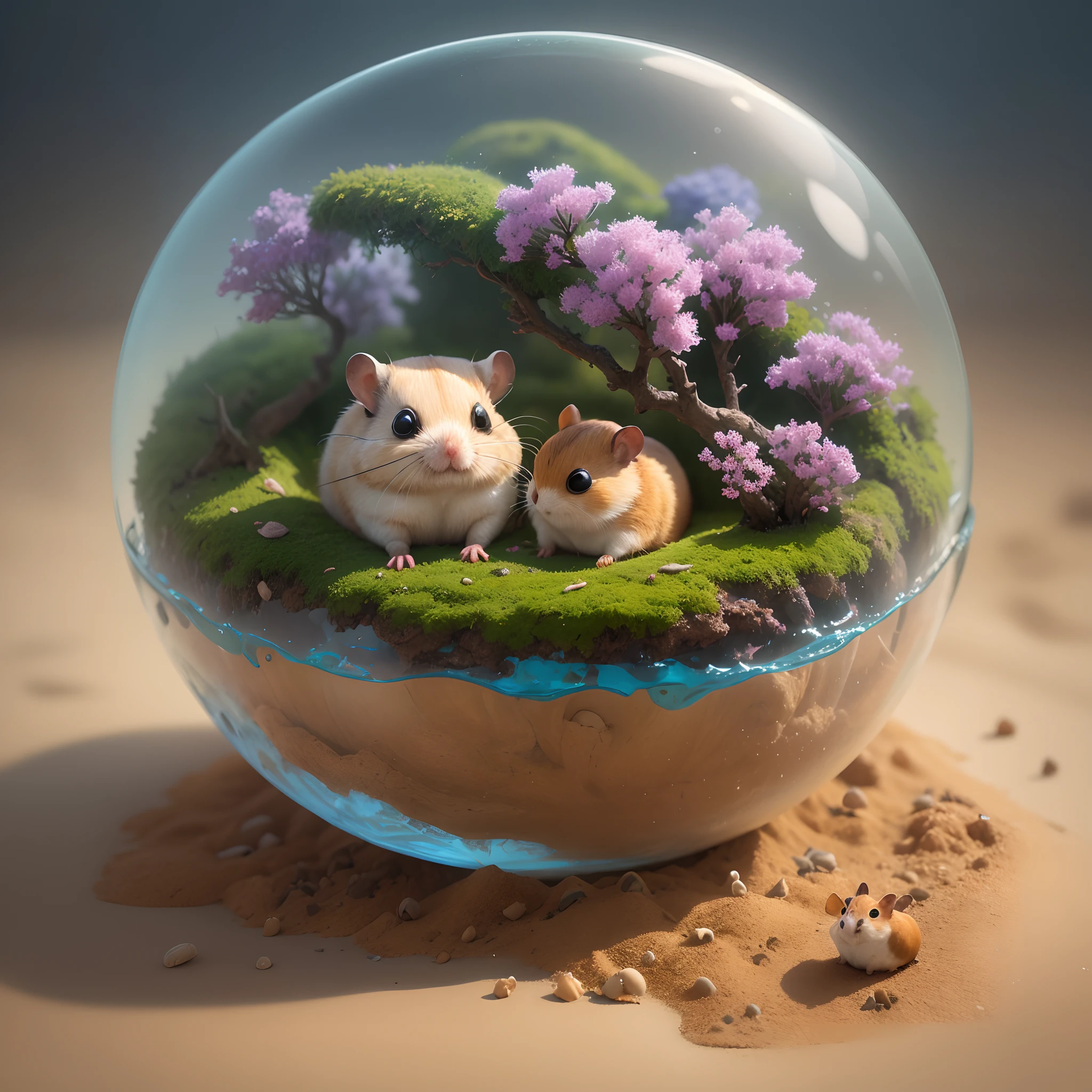 Cute anthill,It's covered with moss and cute hamsters,Made of sand,Blue Higan flowers bloom,Transparent fog,The hemispherical shape looks down from the sky,fanciful,Artistically