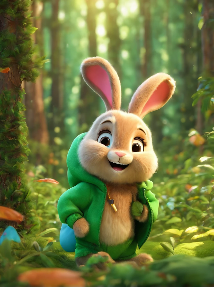 cute bunny with fluffy fur wearing a green hoodie, in the forest, grinning from ear to ear, disney and pixar style drawing, adorable digital painting, cartoon character, 3d render, bright lighting, vivid colors,