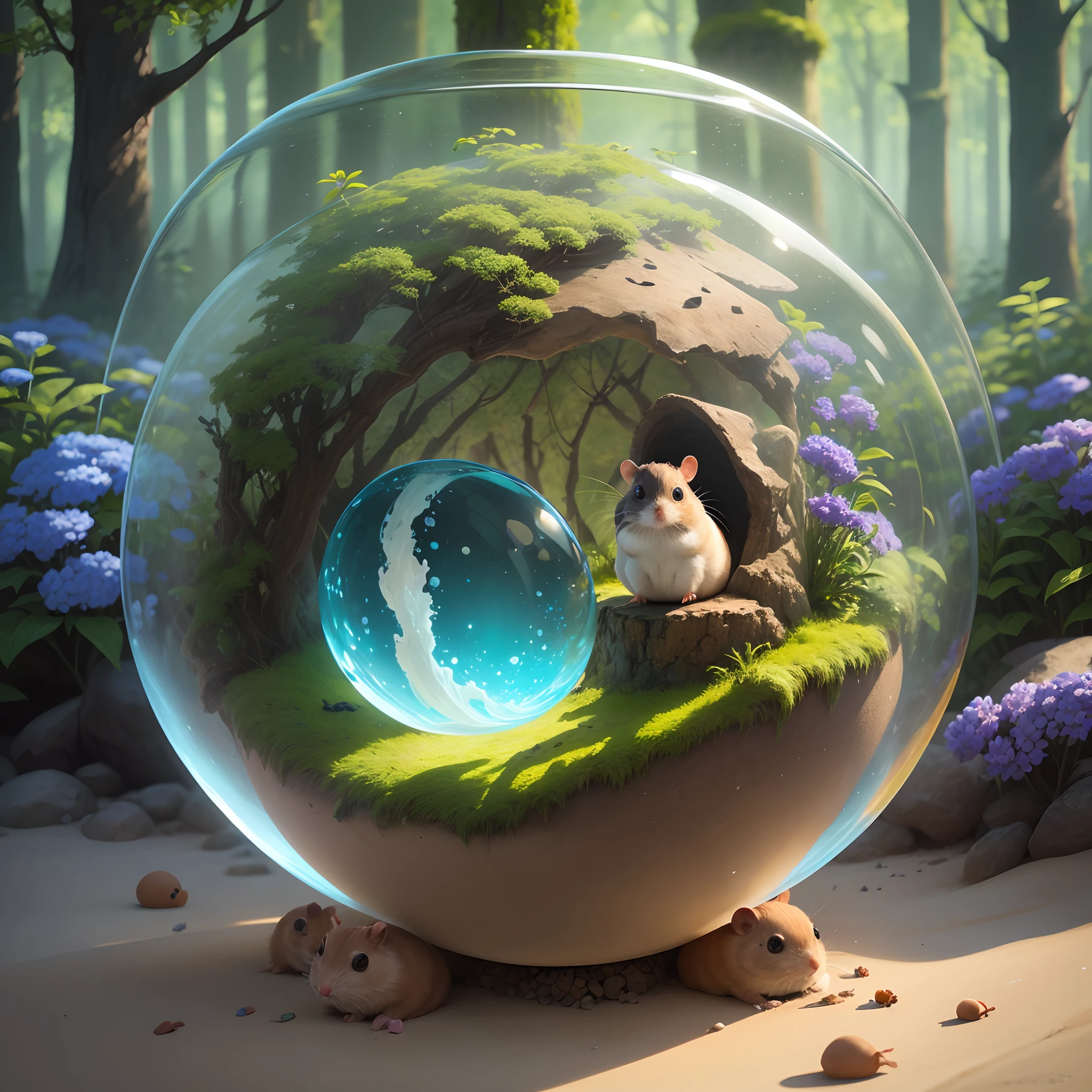 Cute anthill,It's covered with moss and cute hamsters,Made of sand,Blue Higan flowers bloom,Transparent fog,The hemispherical shape looks down from the sky,fanciful,Artistically