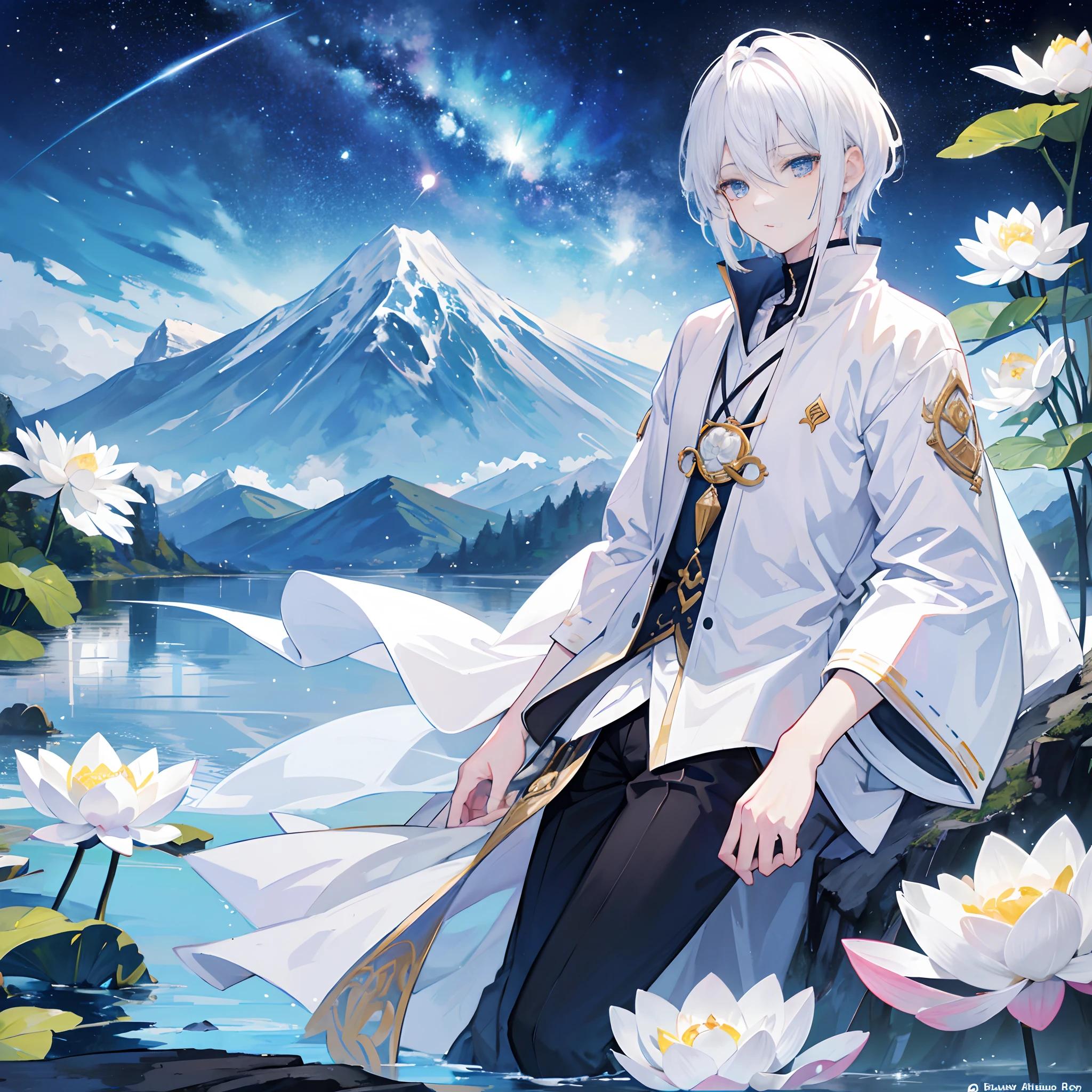 A white-haired boy,(Anime boys:1.2)Meditate on the lotus,The water is calm,Backed by mountains and rivers,The galaxy is brilliant,Manhwa Style,HD graphics