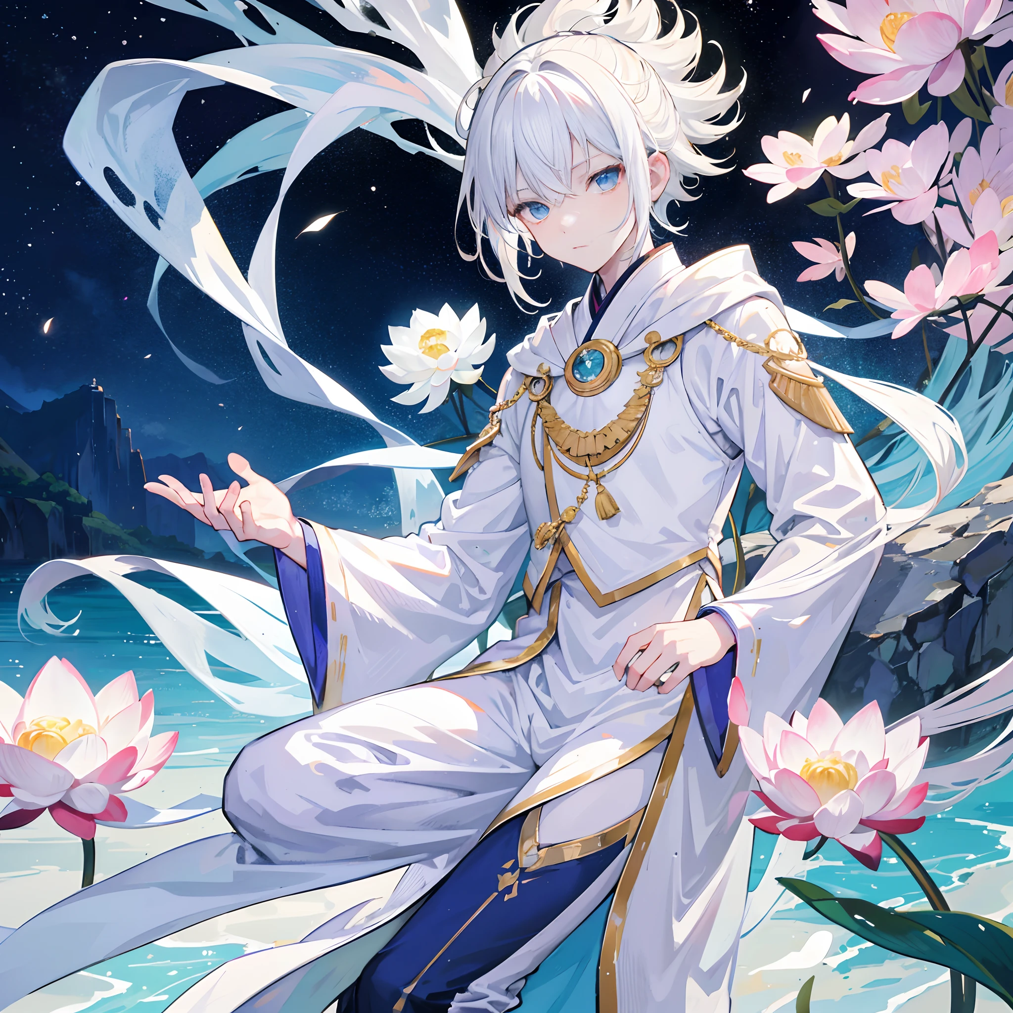 A white-haired boy,(Anime boys:1.2)Meditate on the lotus,The water is calm,Backed by mountains and rivers,The galaxy is brilliant,Manhwa Style,HD graphics