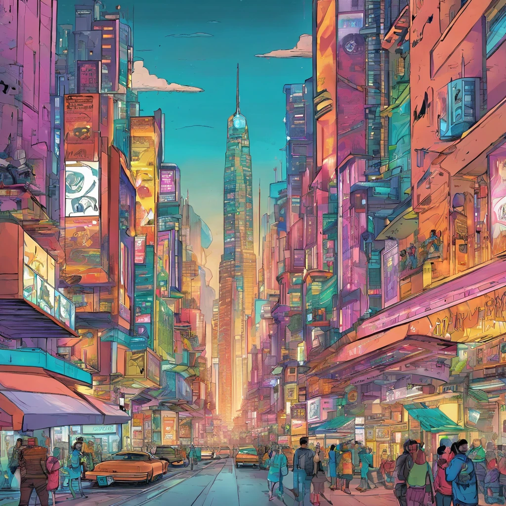A bustling futuristic city. Skyscrapers decorated with holographic signs stretch towards the sky. People, Both humans and robots, briskly move along the street. The atmosphere hums with a harmonious blend of human chatter and robot squeals.