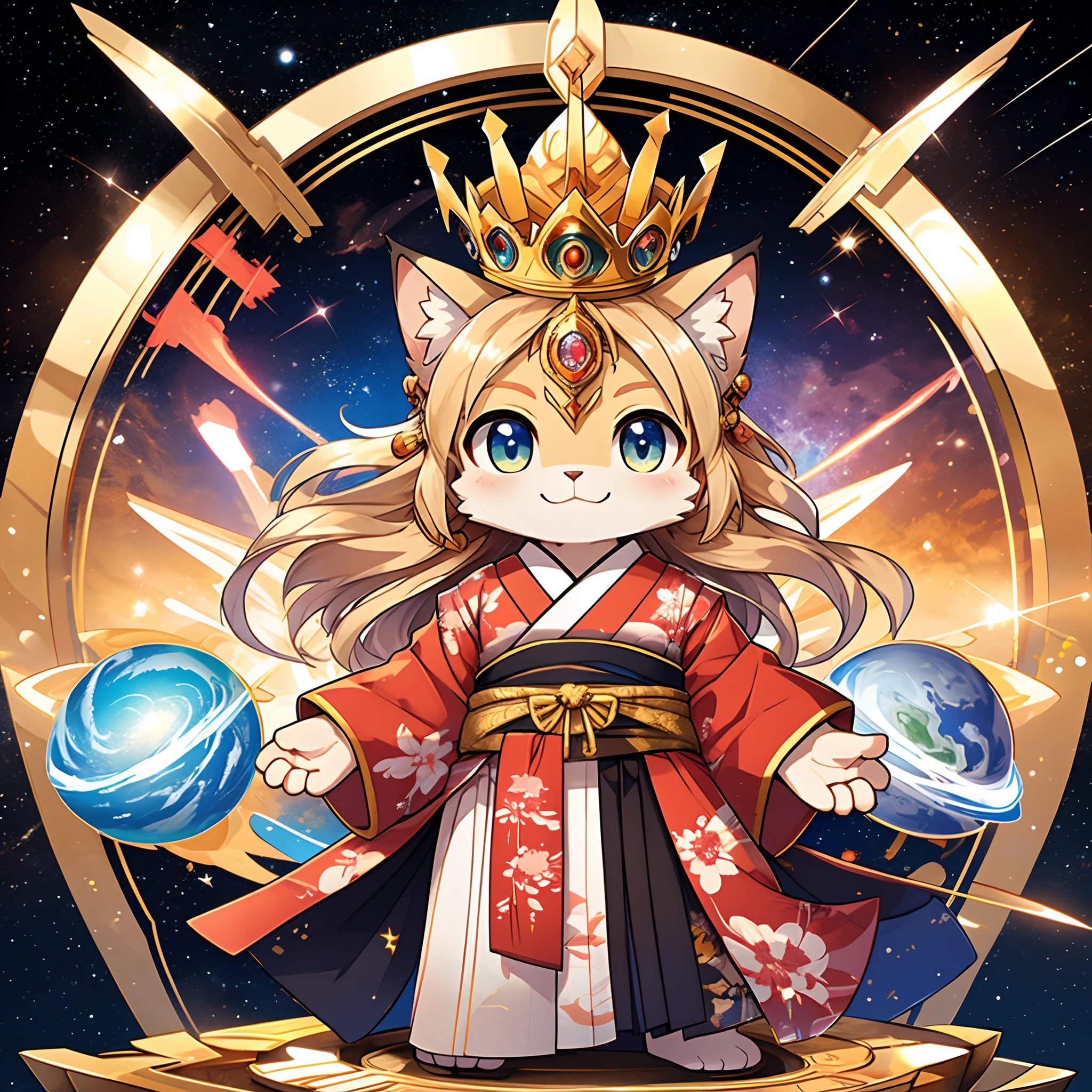 top-quality, masterpiece, High-density illustration, Icon Illustration, Full Body Display, (The Great God of the Japan of Creation), Advent from a fantastic space, Cute Face Goddess, A smile that brings happiness, Chibi Chara,(Looking at the camera from the front), Gorgeous costume with a Japan kimono motif, crown on head, Cat character, Colorful colors, Golden treasure in the background, Magnificent outer space and earth and halo to high, Detailed contrasting colors