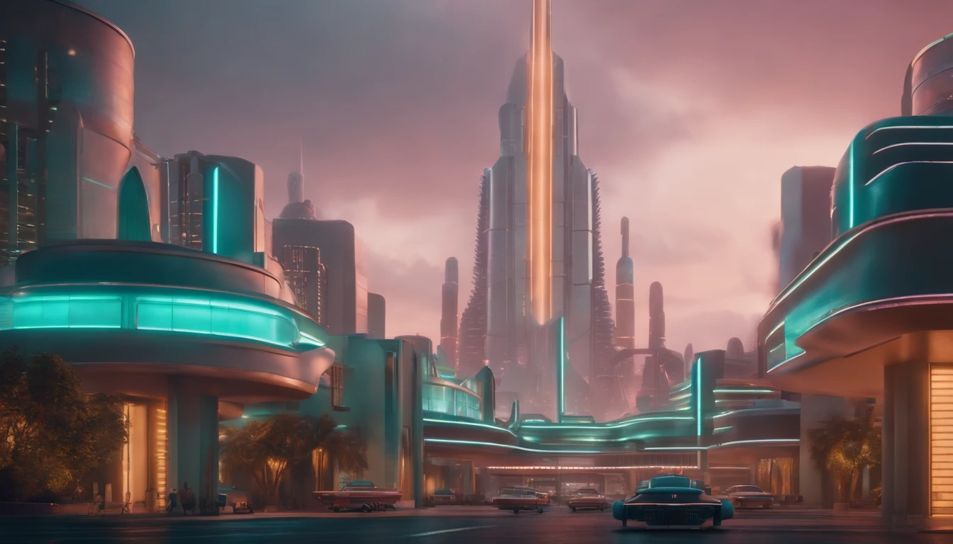 A futuristic Atompunk utopian metropolis with lots of Googie and Mid Century Modern architecture, pastels colors, soft-lighting, foco nítido, qualidade 8k, Foto RAW