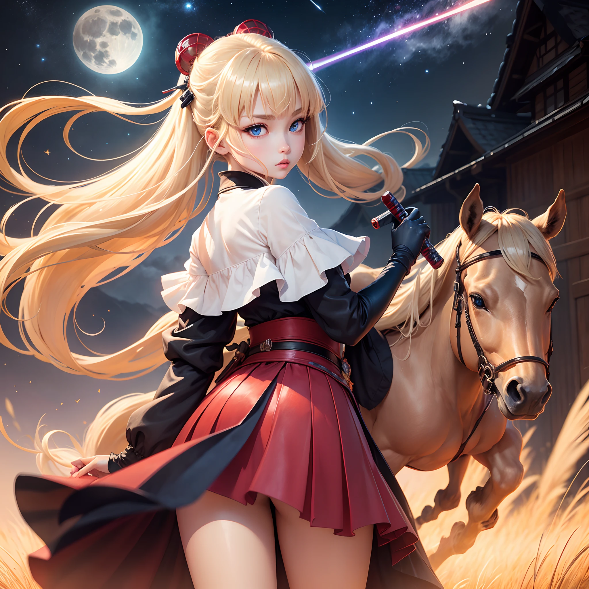 top-quality、One pretty girl、Clear blue eyes、Crystal clear skin、blondehair、poneyTail、Very attractive figure、having katana、Shooting Star、large grassland、Big Full Moon、wide angles、Pale oozing red color、Colorful light reflection、ukiyoe painting