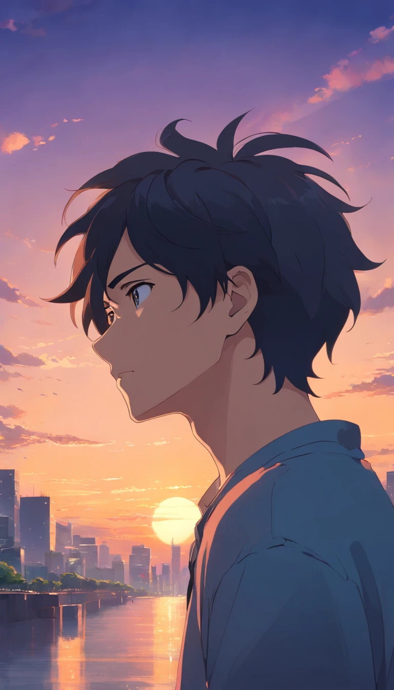 1man,masterpiece,best quality, ultra high res, dusk,cityscape,depth of field, short black messy hair, solo male, big brother, got burned on the face