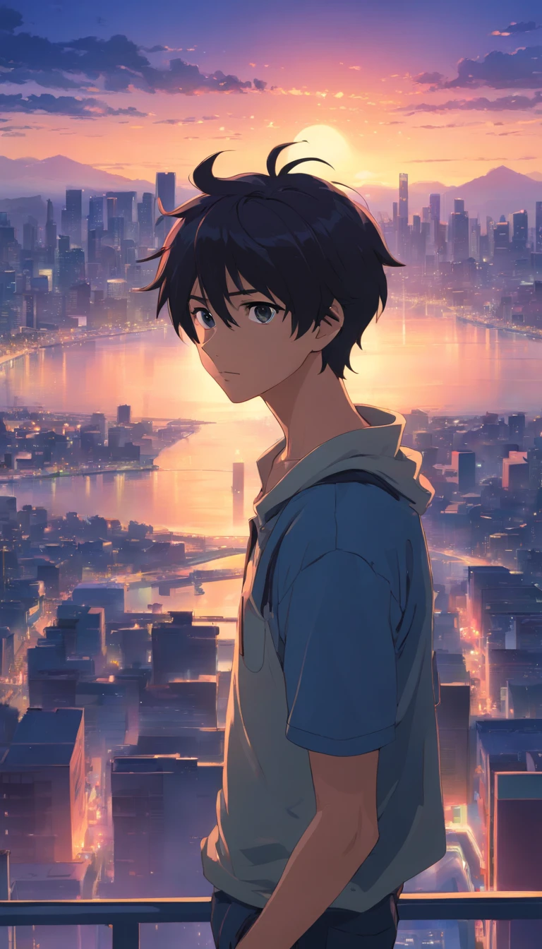 1man,masterpiece,best quality, ultra high res, dusk,cityscape,depth of field, short black messy hair, solo male, big brother, got burned on the face