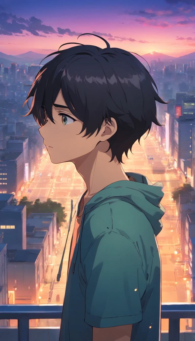 1man,masterpiece,best quality, ultra high res, dusk,cityscape,depth of field, short black messy hair, solo male, big brother, got burned on the face