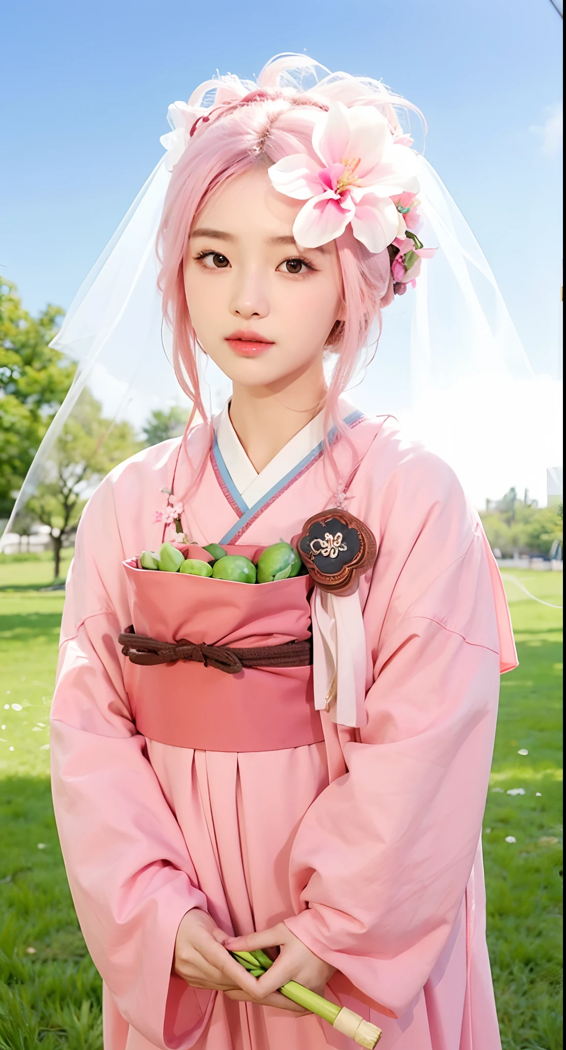 Real life adaption of this character, korean teen beauty face , realistic outfit Japanese wedding dress, realistic shadow, realistic light, realism, hyper realistic, realistic background,(photorealistic:1.2),holding baby girl, looking to viewer, beauty flower in her head